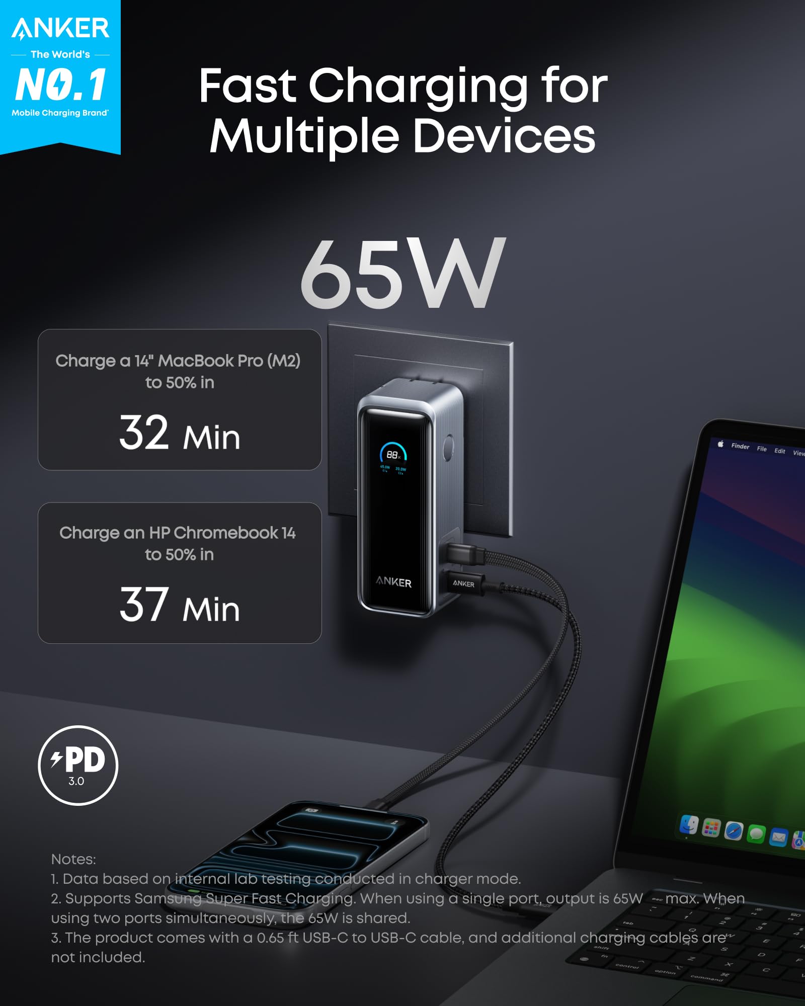 Anker Prime Power Bank, 9,600mAh Battery Pack with 65W Output Wall Charger, Supports PD 3.0 and PPS, 30W Fast Recharging, Sleek Portable Charger for MacBook Pro, iPhone 17/16 Series, Galaxy, iPad