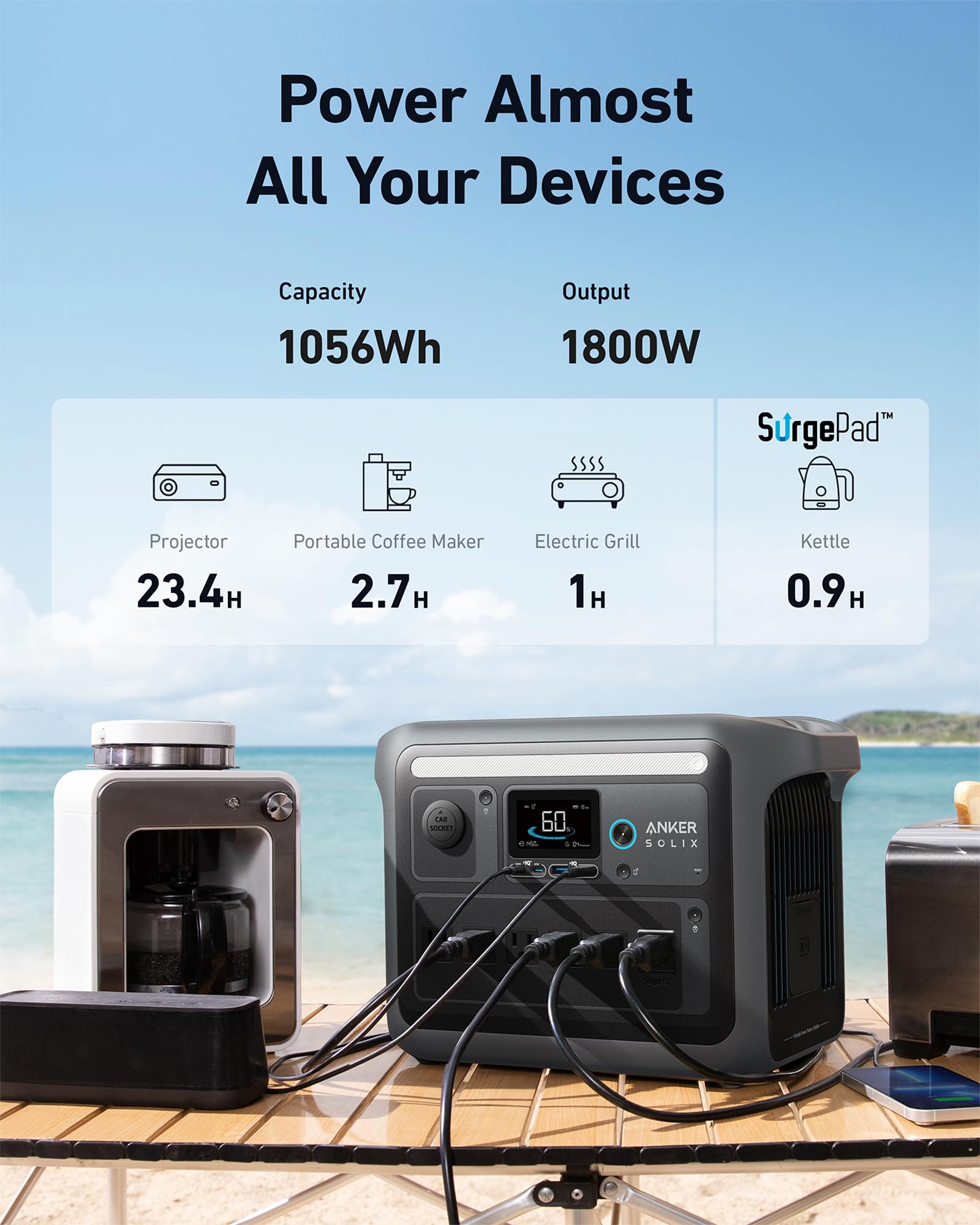 Anker SOLIX C1000 Portable Power Station with 400W Solar Panel, 1800W Solar Generator, 1056wh LFP (LiFePO4) Battery, 6 AC Outlets, Up to 2400W for Home, Power Outages, and Outdoor Camping