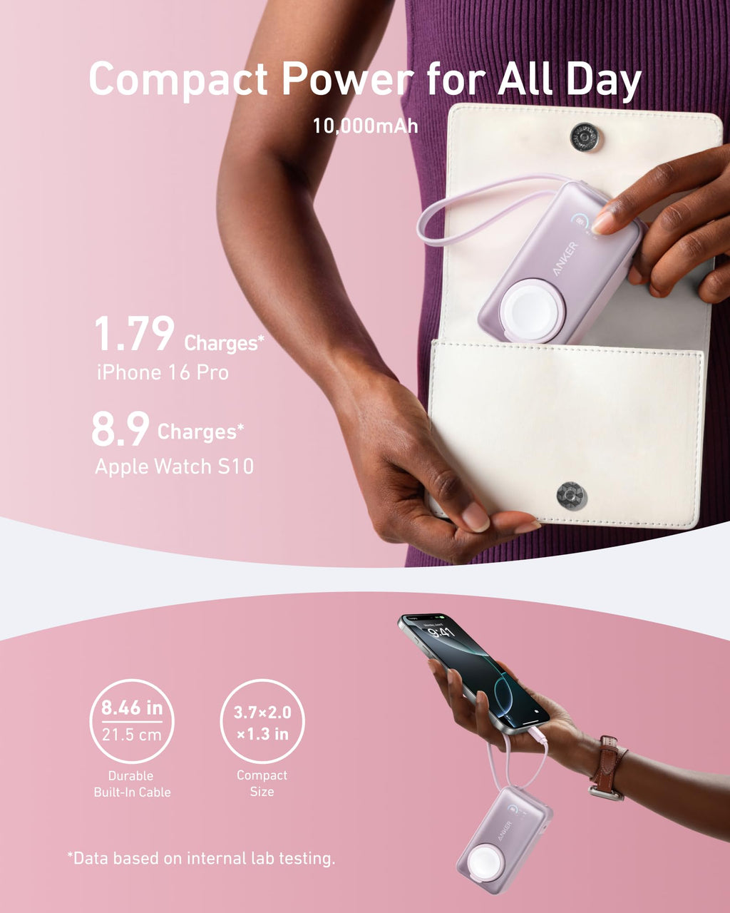 Anker MagGo Power Bank for Apple Watch, Officially Certified 10,000mAh Compact Battery Pack with Built-in USB-C Cable, 35W Max, for iPhone 15 Series, Samsung, iPad, AirPods, and More(White)