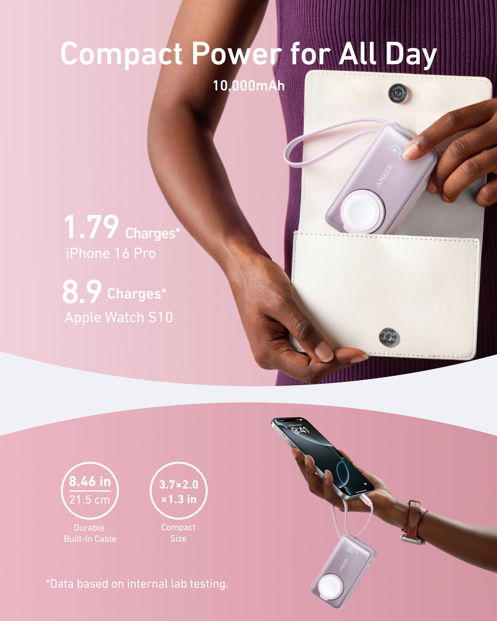 Anker MagGo Power Bank for Apple Watch, Officially Certified 10,000mAh Compact Battery Pack with Built-in USB-C Cable, 35W Max, for iPhone 15 Series, Samsung, iPad, AirPods, and More(White)