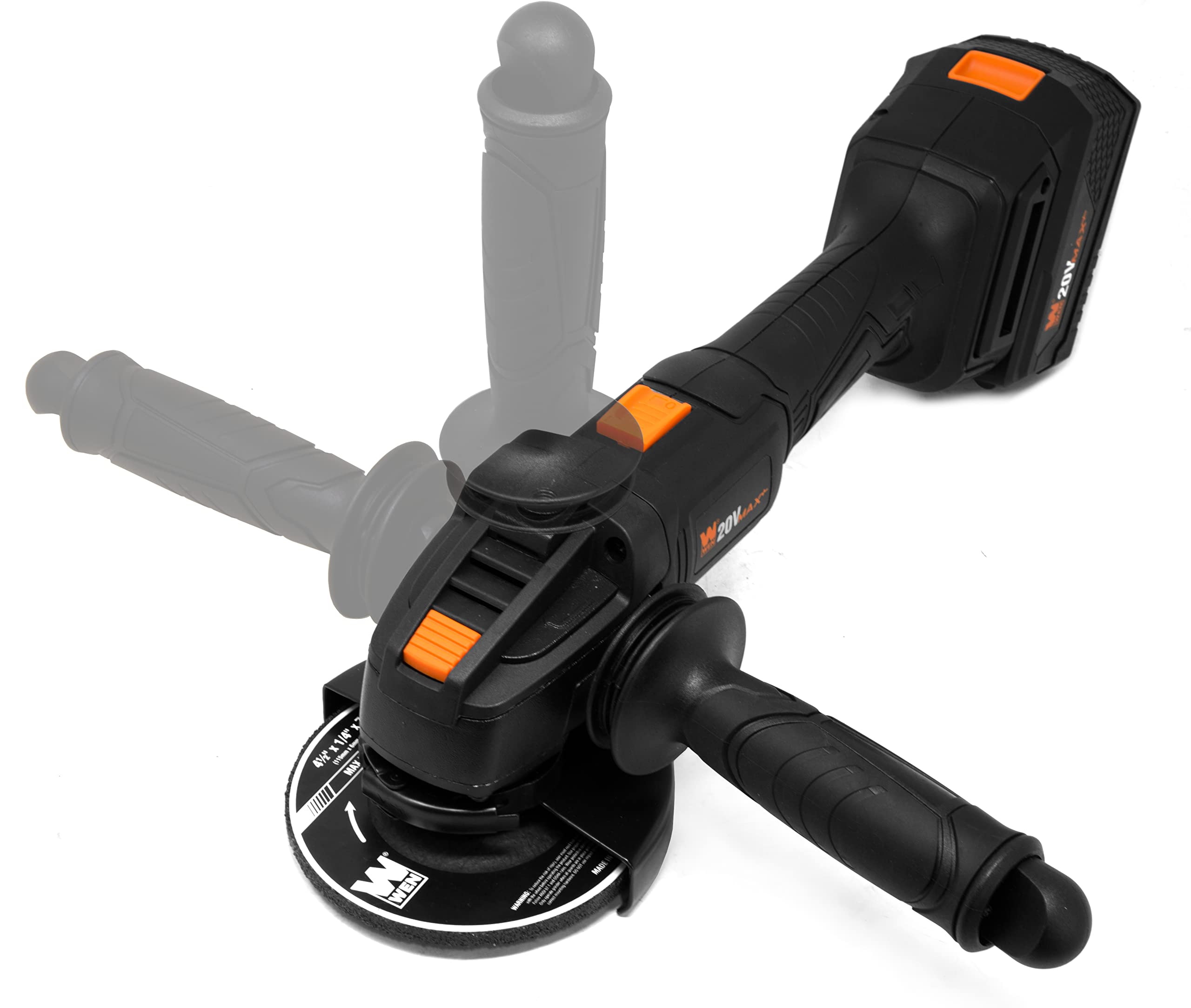 WEN Cordless Angle Grinder, Brushless with 20V Max 4.0 Ah Lithium-Ion Battery and Charger (20944), Black