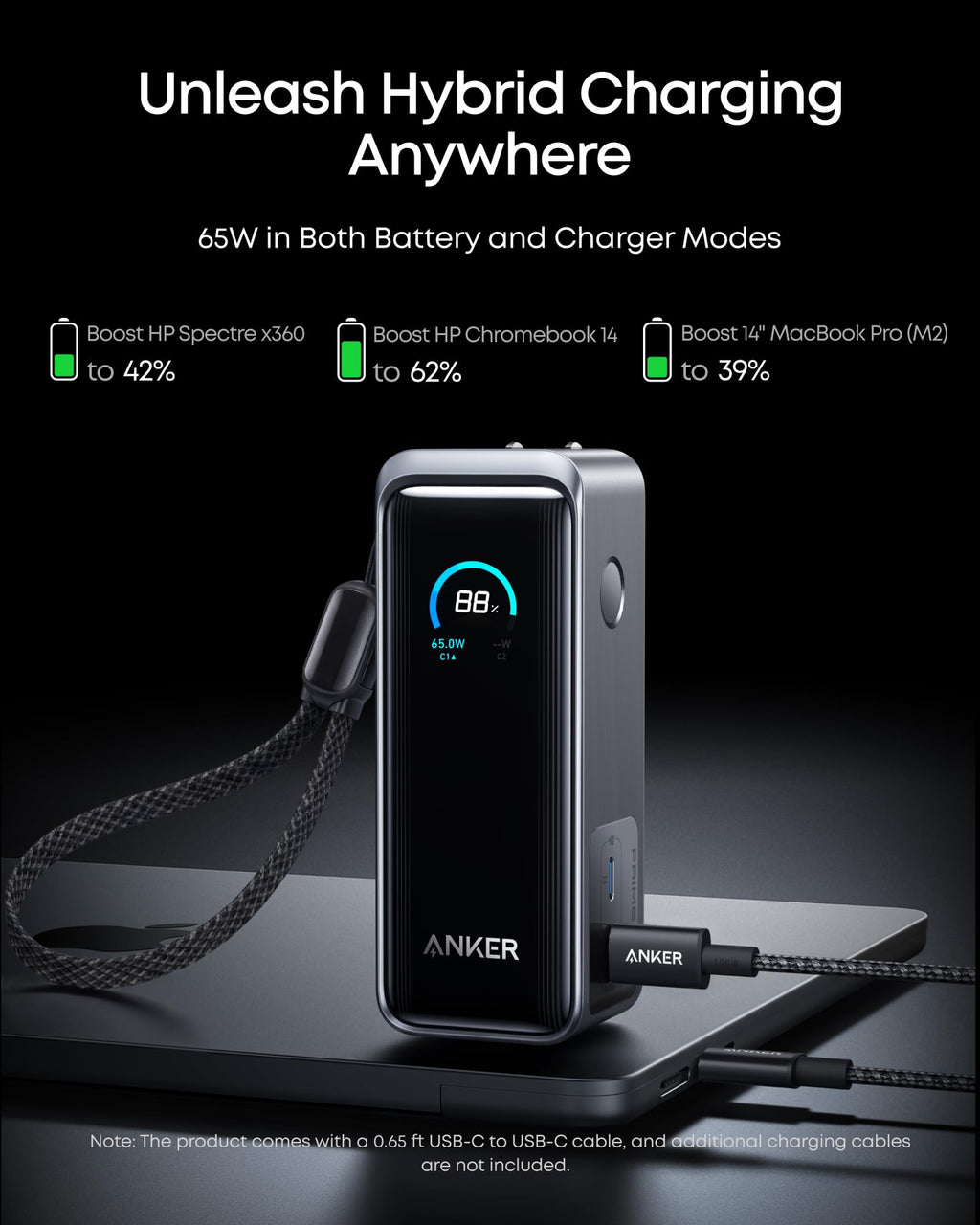 Anker Prime Power Bank, 9,600mAh Battery Pack with 65W Output Wall Charger, Supports PD 3.0 and PPS, 30W Fast Recharging, Sleek Portable Charger for MacBook Pro, iPhone 17/16 Series, Galaxy, iPad