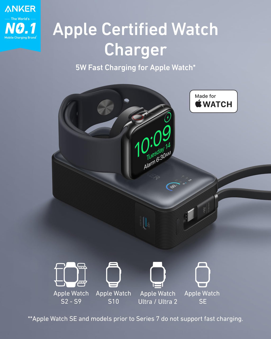 Anker MagGo Power Bank for Apple Watch, Officially Certified 10,000mAh Compact Battery Pack with Built-in USB-C Cable, 35W Max, for iPhone 15 Series, Samsung, iPad, AirPods, and More(White)