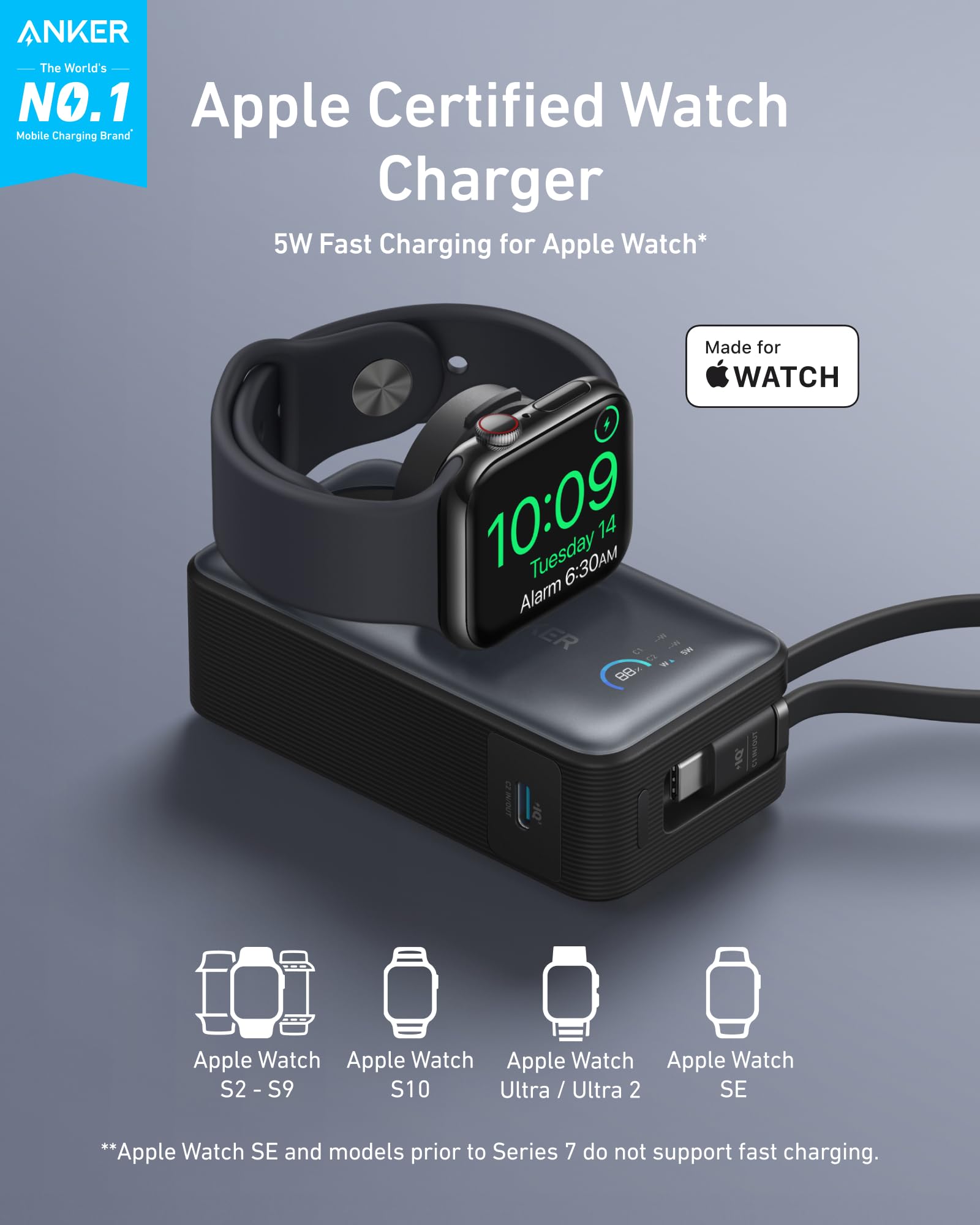 Anker MagGo Power Bank for Apple Watch, Officially Certified 10,000mAh Compact Battery Pack with Built-in USB-C Cable, 35W Max, for iPhone 15 Series, Samsung, iPad, AirPods, and More(White)