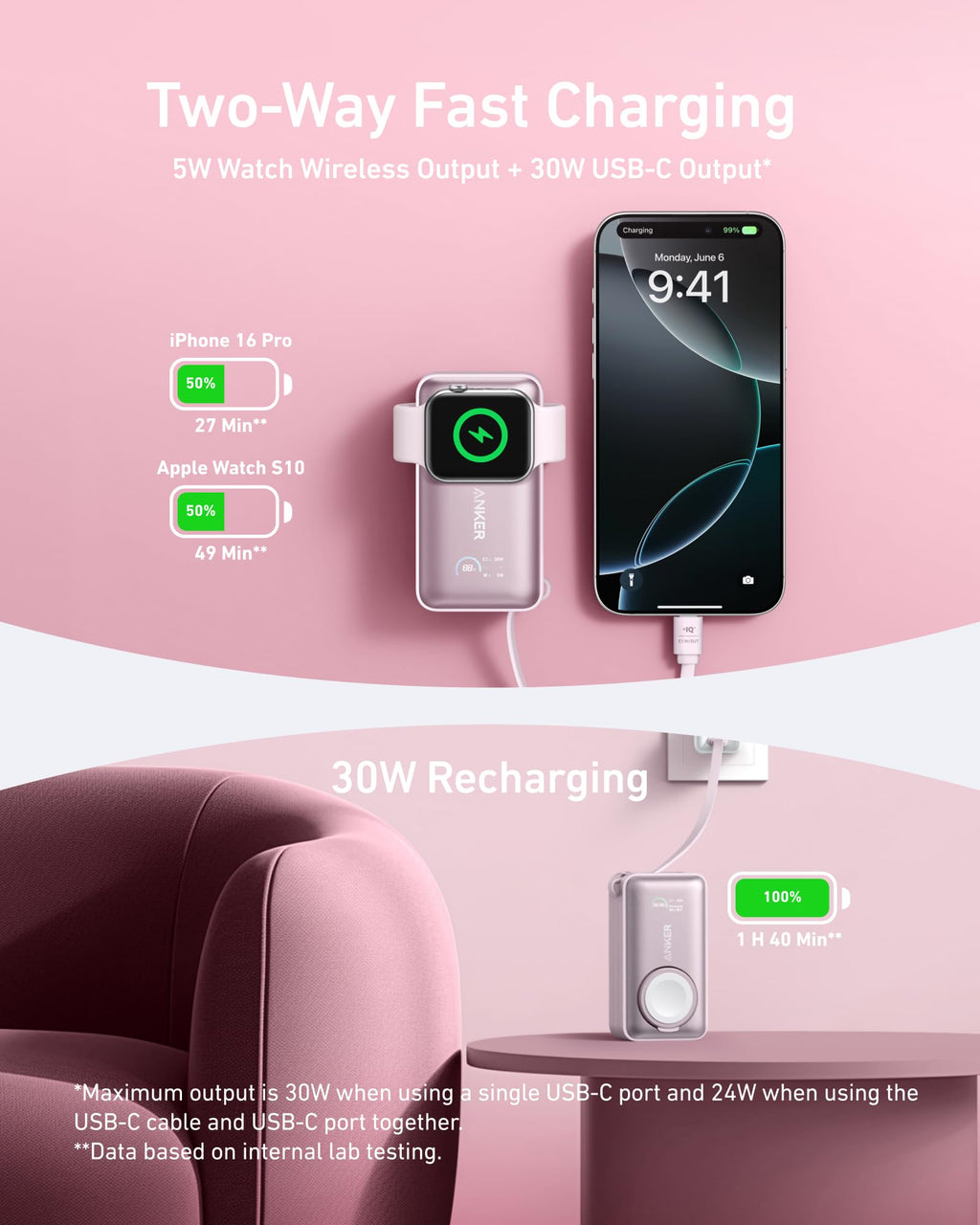Anker MagGo Power Bank for Apple Watch, Officially Certified 10,000mAh Compact Battery Pack with Built-in USB-C Cable, 35W Max, for iPhone 15 Series, Samsung, iPad, AirPods, and More(White)
