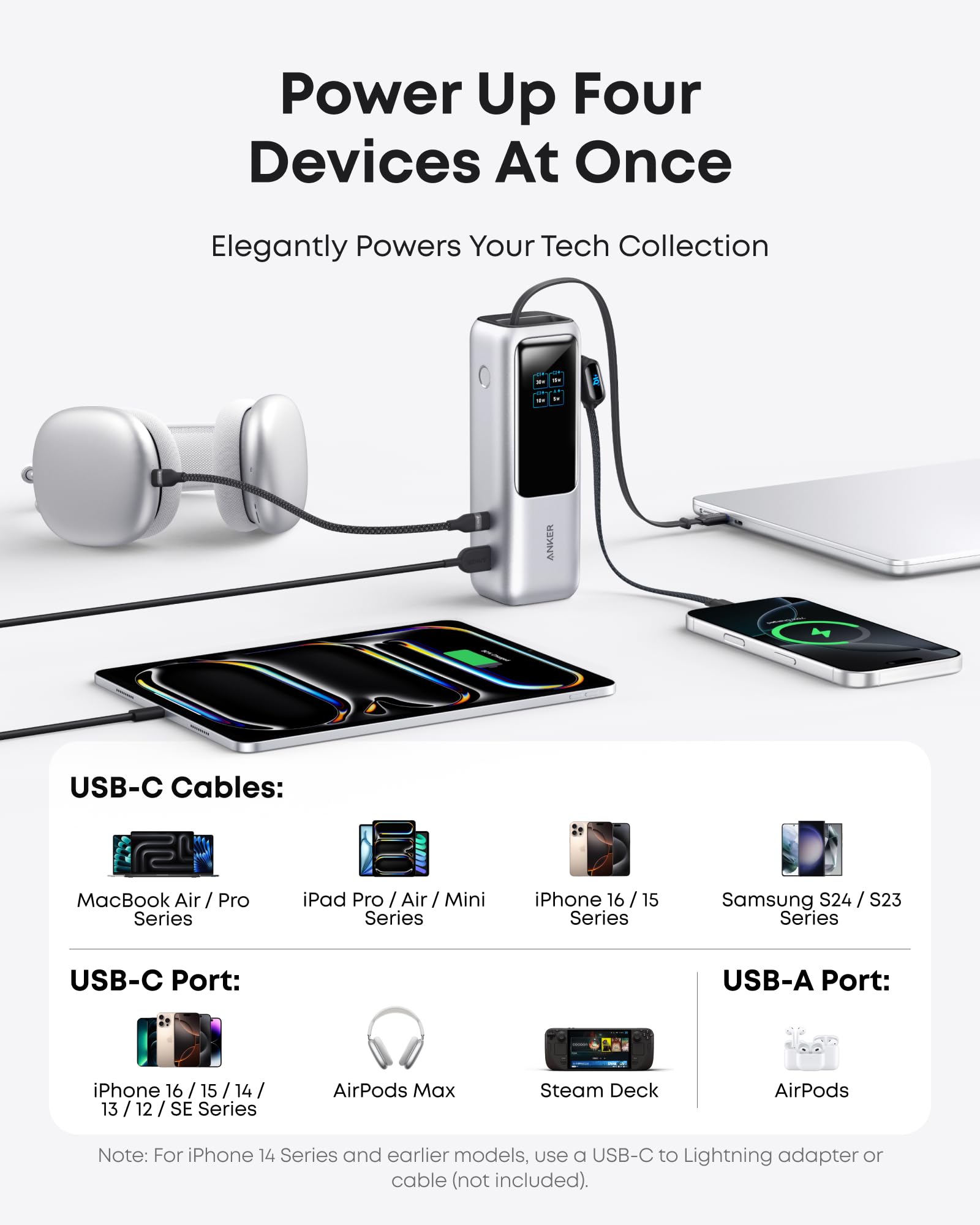Anker Laptop Power Bank, 25,000mAh Portable Charger with Triple 100W USB-C Ports, Built-in Retractable Cables, Flight-Approved for Travel, iPhone 17/16 Series, MacBook, Samsung, and More