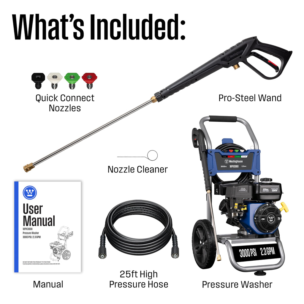 Westinghouse WPX3200 Gas Pressure Washer, 3200 PSI and 2.5 GPM, Onboard Soap Tank, Spray Gun and Wand, 5 Nozzle Set, for Cars/Fences/Driveways/Homes/Patios/Furniture