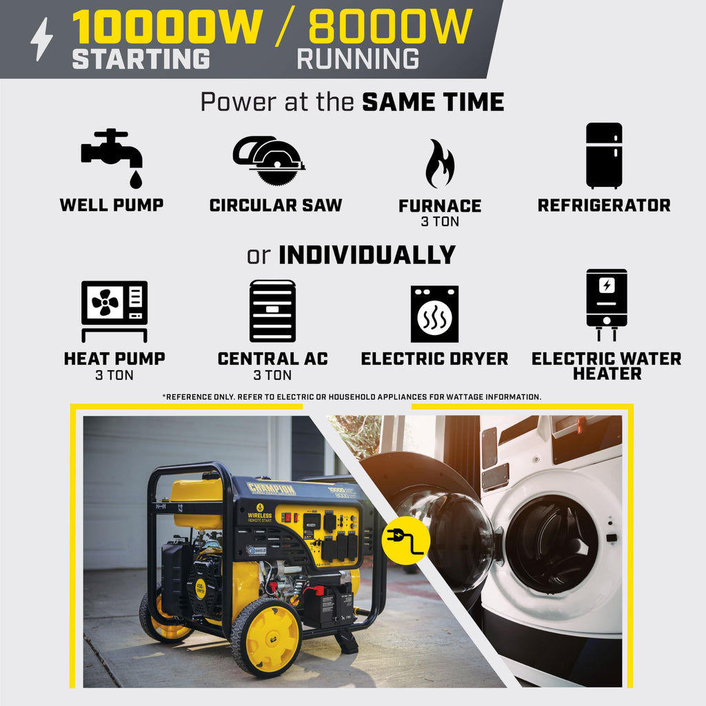 Champion Power Equipment 10,000-Watt Wireless Remote Start Home Backup Portable Generator with Free 3-Year Warranty
