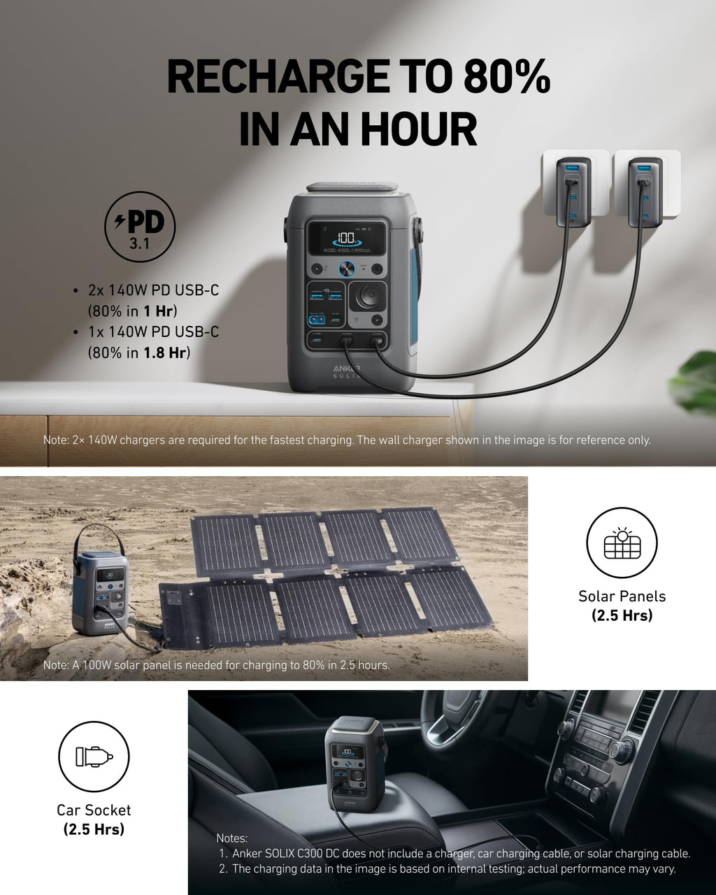 Anker SOLIX C300 DC Power Bank Station and 60W Solar Panel, 288Wh Portable Power Station, LiFePO4 Battery, 300W Solar Generator, for Outdoor, Camping, Traveling, and Emergencies