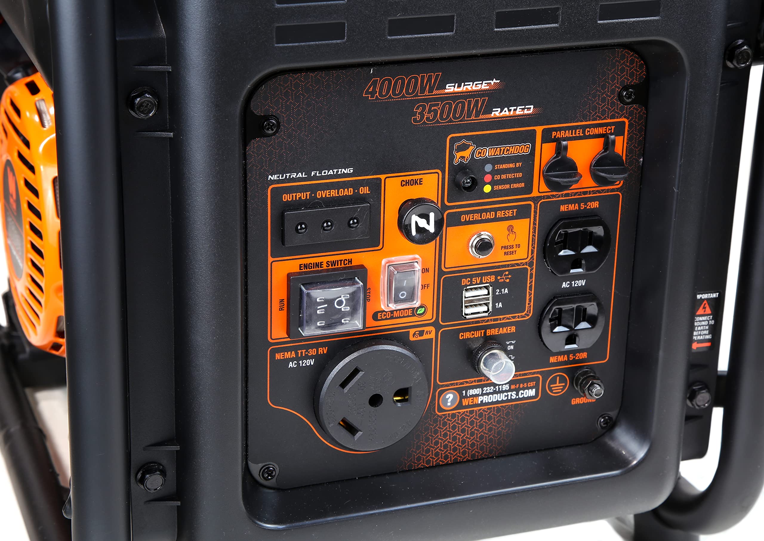 WEN GN400i RV-Ready 4000-Watt Open Frame Inverter Generator, CARB Compliant, Black/orange