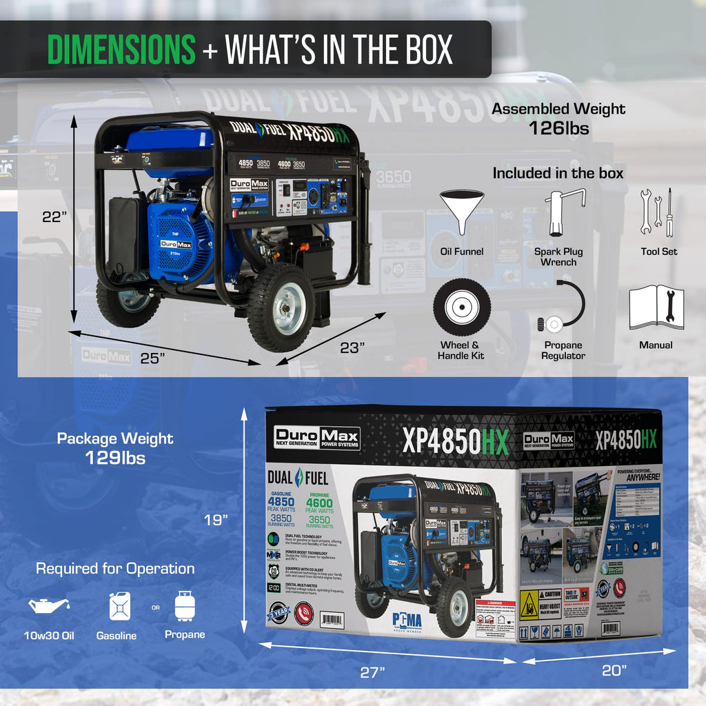 DuroMax XP4850HX Dual Fuel Portable Generator-4850 Watt Gas or Propane Powered Electric Start w/CO Alert, 50 State Approved, Blue