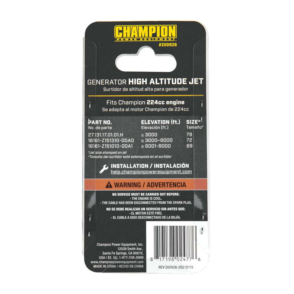Champion Power Equipment High Altitude Jet Kit for Champion 224cc Engines