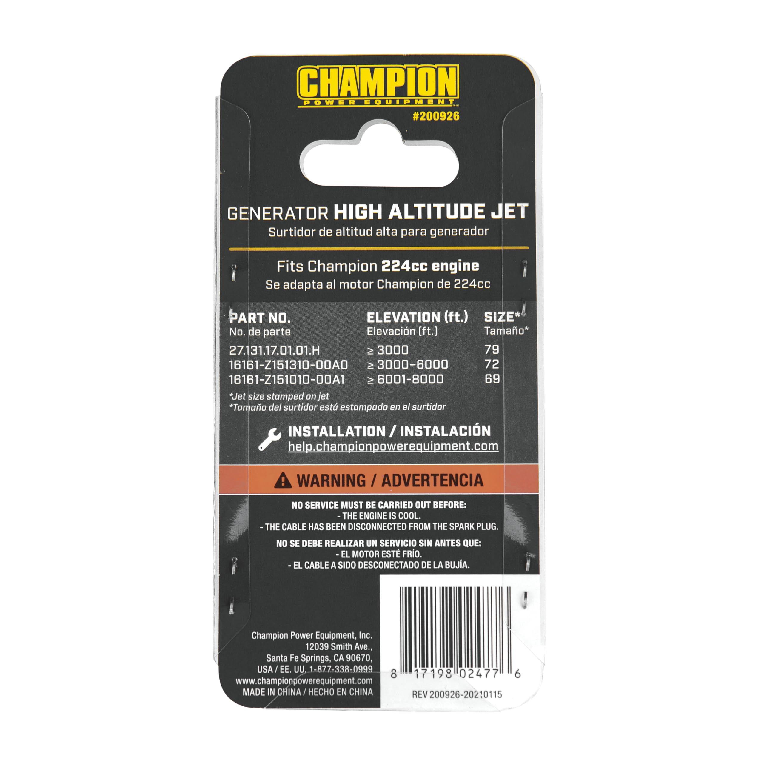 Champion Power Equipment High Altitude Jet Kit for Champion 224cc Engines