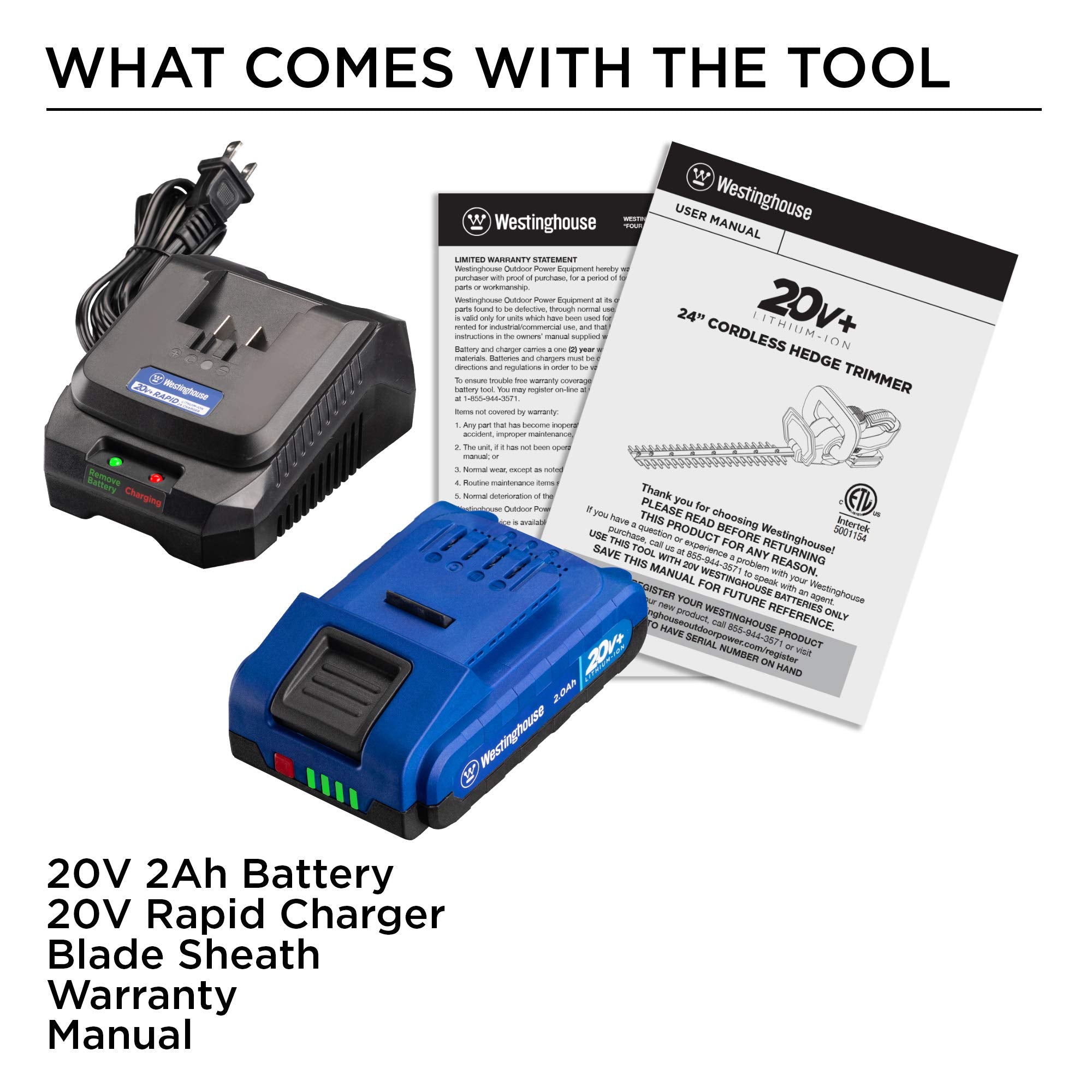 Westinghouse Outdoor Power Equipment Cordless, Hedge Trimmer and 2.0 Ah Battery and Charger, 2.0 Ah Battery and Rapid Charger Included
