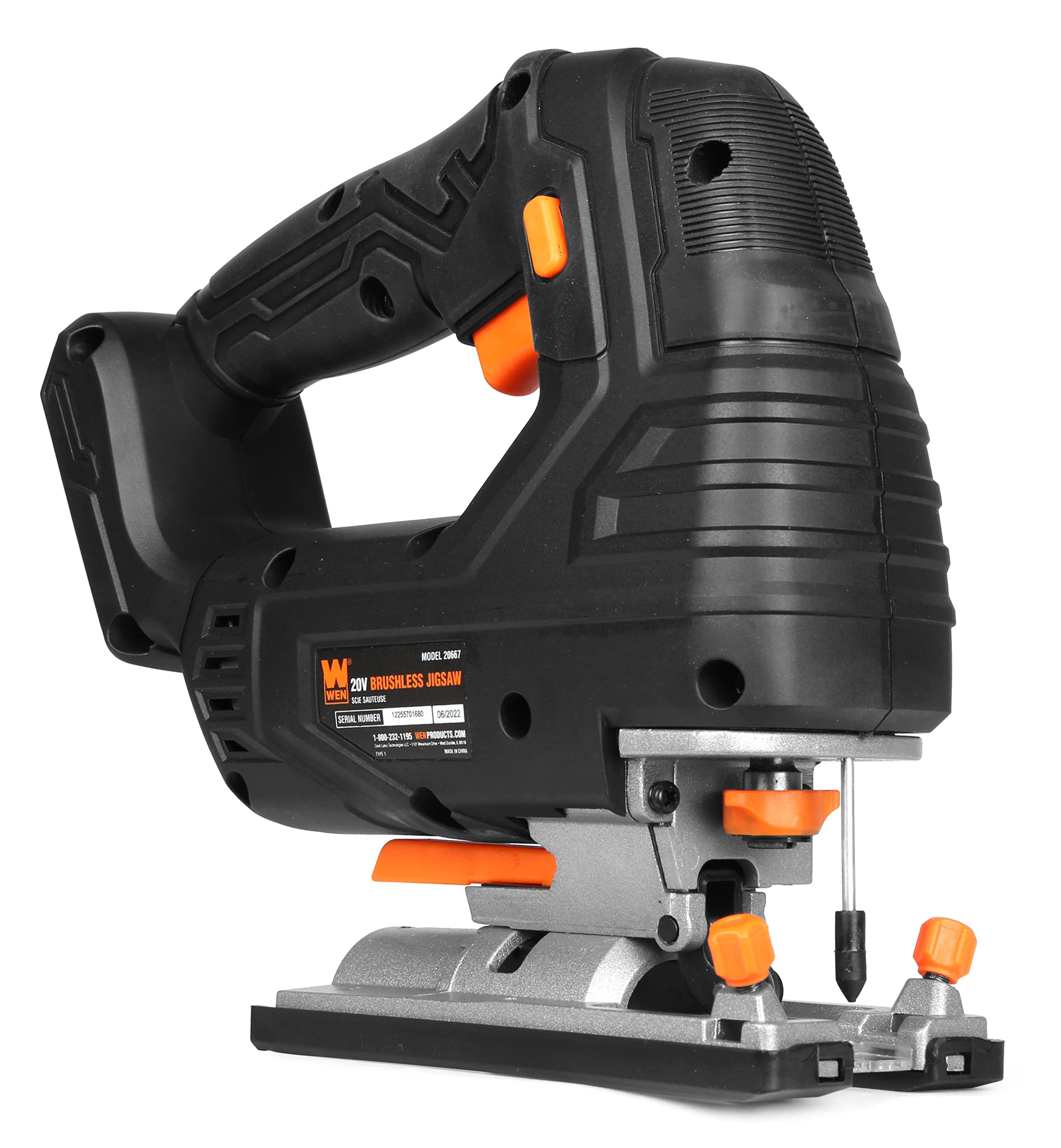 WEN Cordless Jigsaw, Brushless with Auto-Speed, 20V Max 4.0Ah Lithium Ion Battery, and Charger (20670)