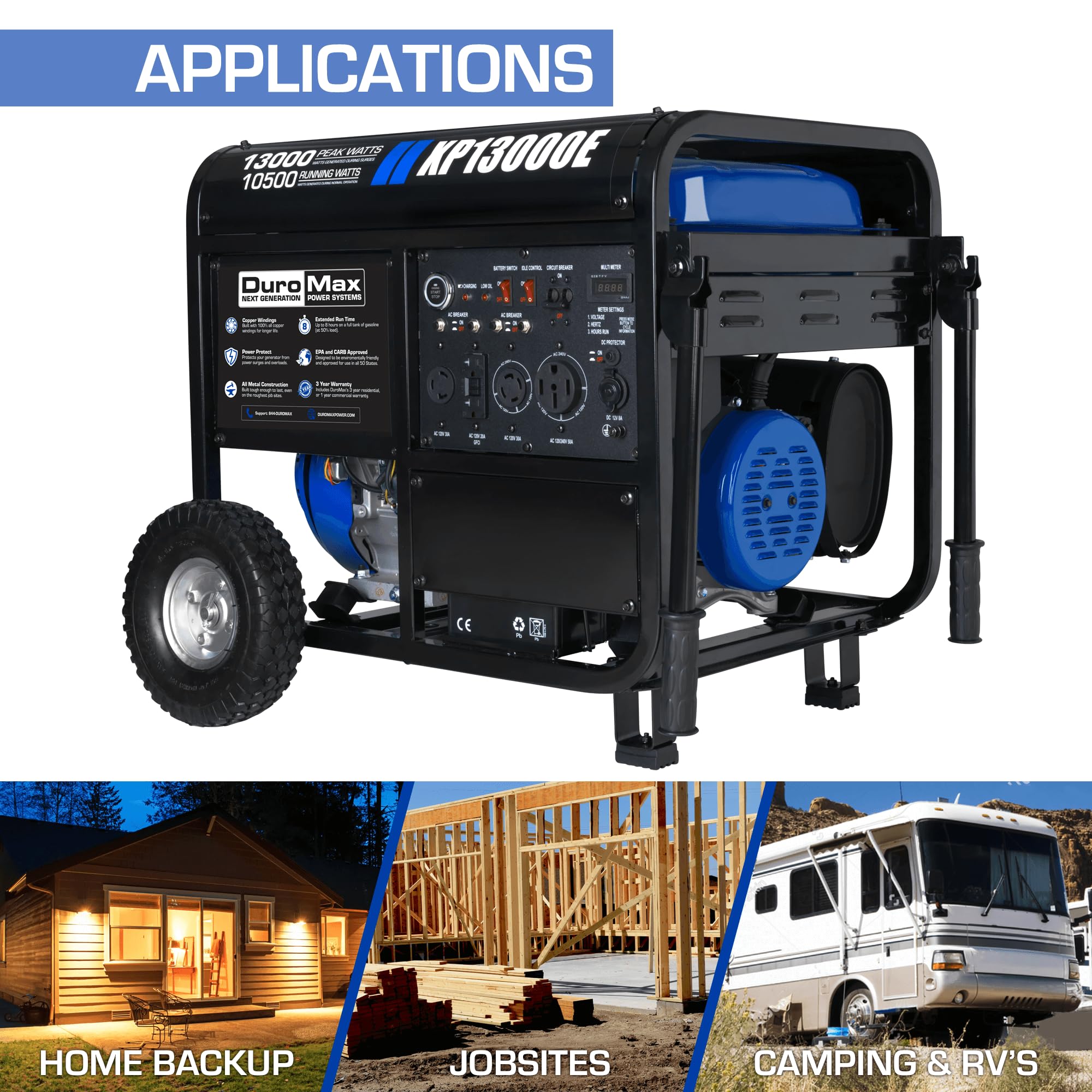 DuroMax XP12000EH 12,000-Watt Dual Fuel Portable Generator – Gas & Propane, Electric Start, Whole Home Backup Power, Transfer Switch Ready, RV & Emergency Ready