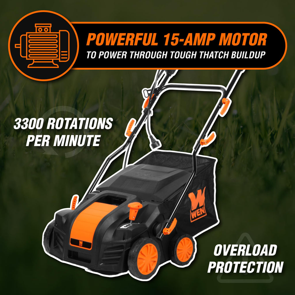 WEN 15-Inch 13-Amp 2-in-1 Electric Dethatcher and Scarifier with 12-Gallon Collection Bag (DT1315)