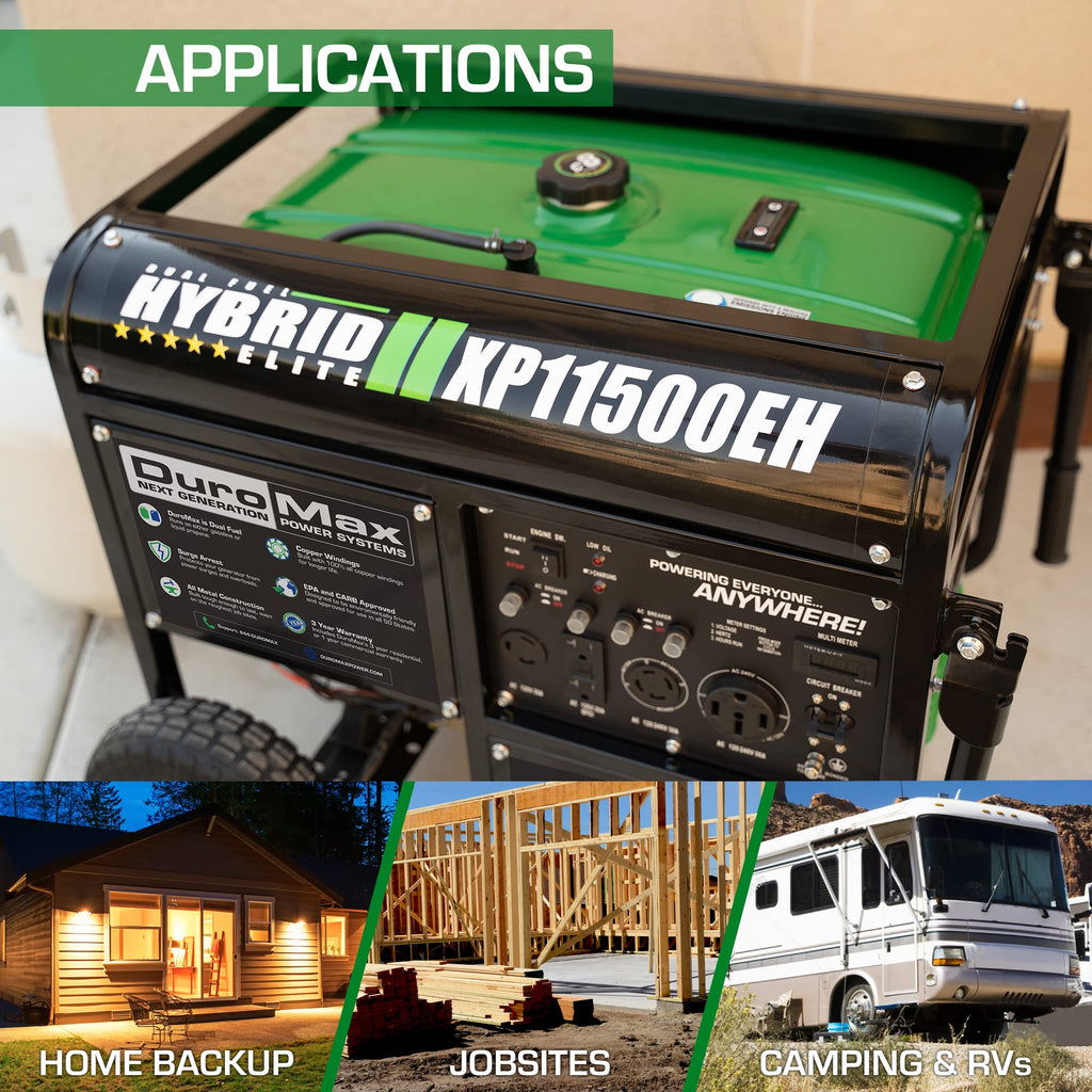 DuroMax XP11500EH Electric Start-Home Back Up & RV Ready, 50 State Approved Dual Fuel Portable Generator-11500 Watt Gas or Propane Powered, Green and Black