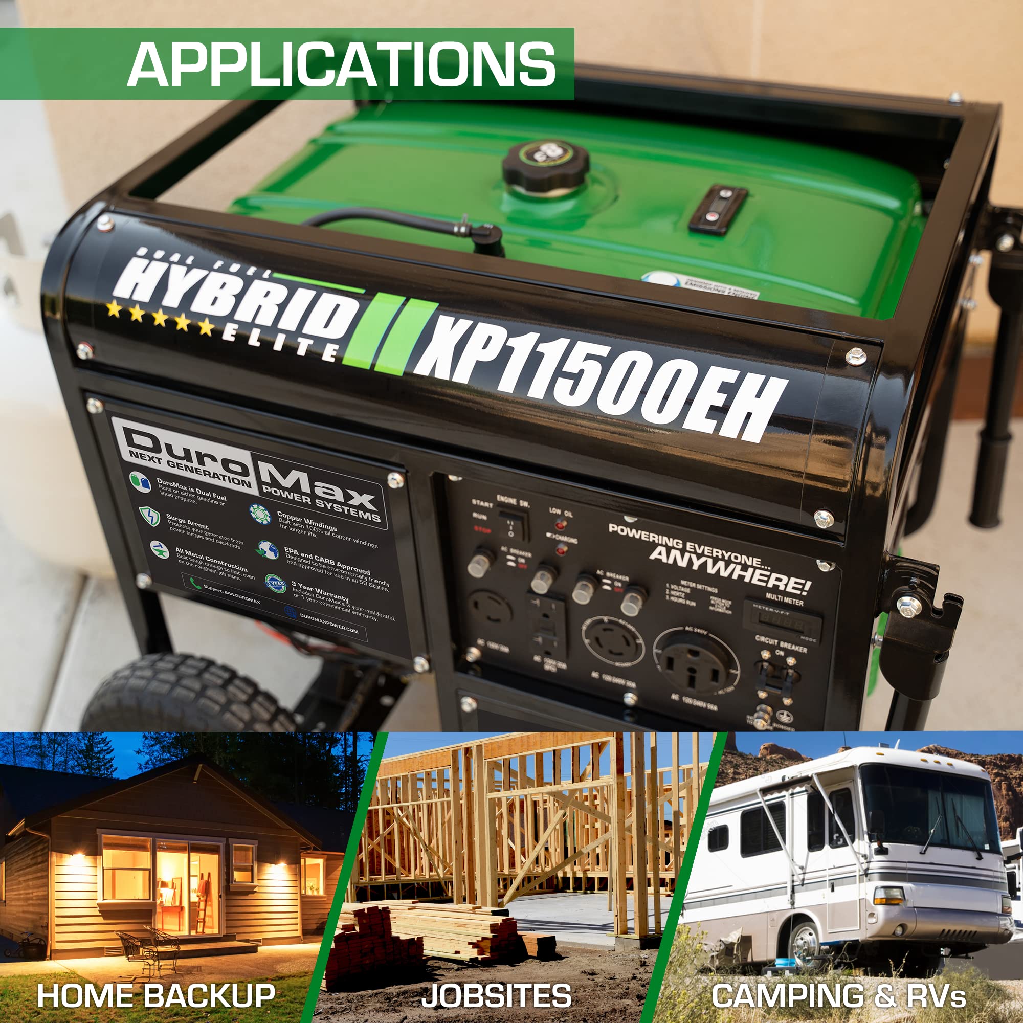 DuroMax XP11500EH Electric Start-Home Back Up & RV Ready, 50 State Approved Dual Fuel Portable Generator-11500 Watt Gas or Propane Powered, Green and Black