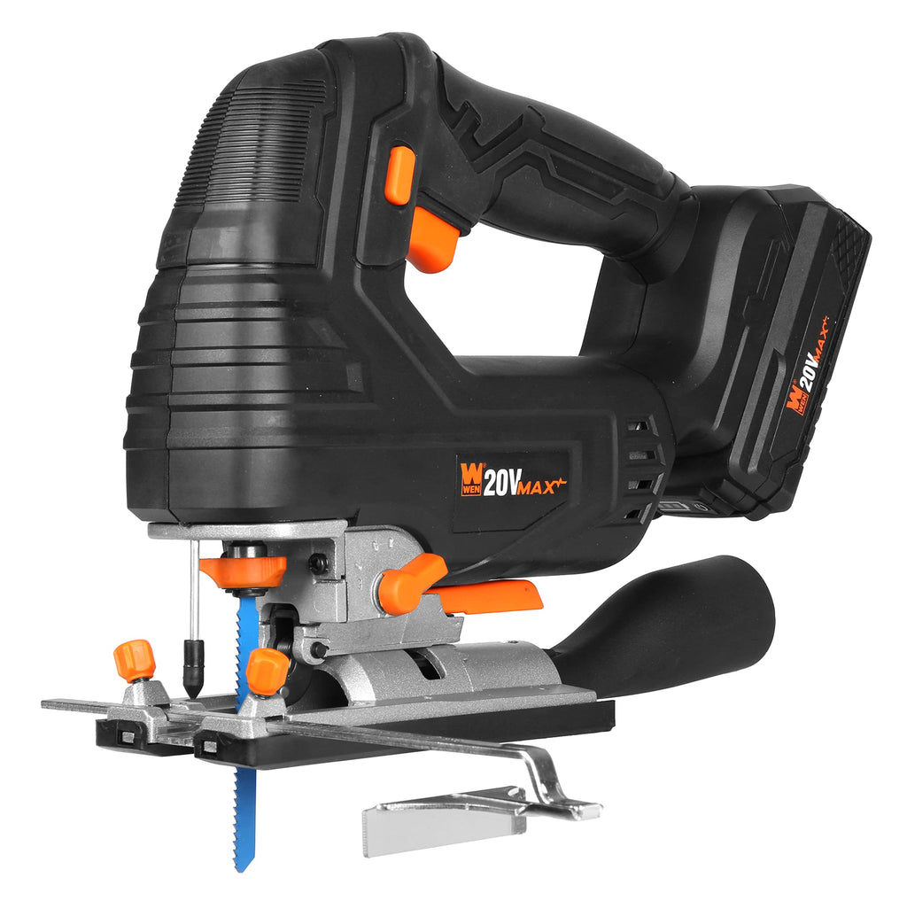 WEN Cordless Jigsaw, Brushless with Auto-Speed, 20V Max 4.0Ah Lithium Ion Battery, and Charger (20670)