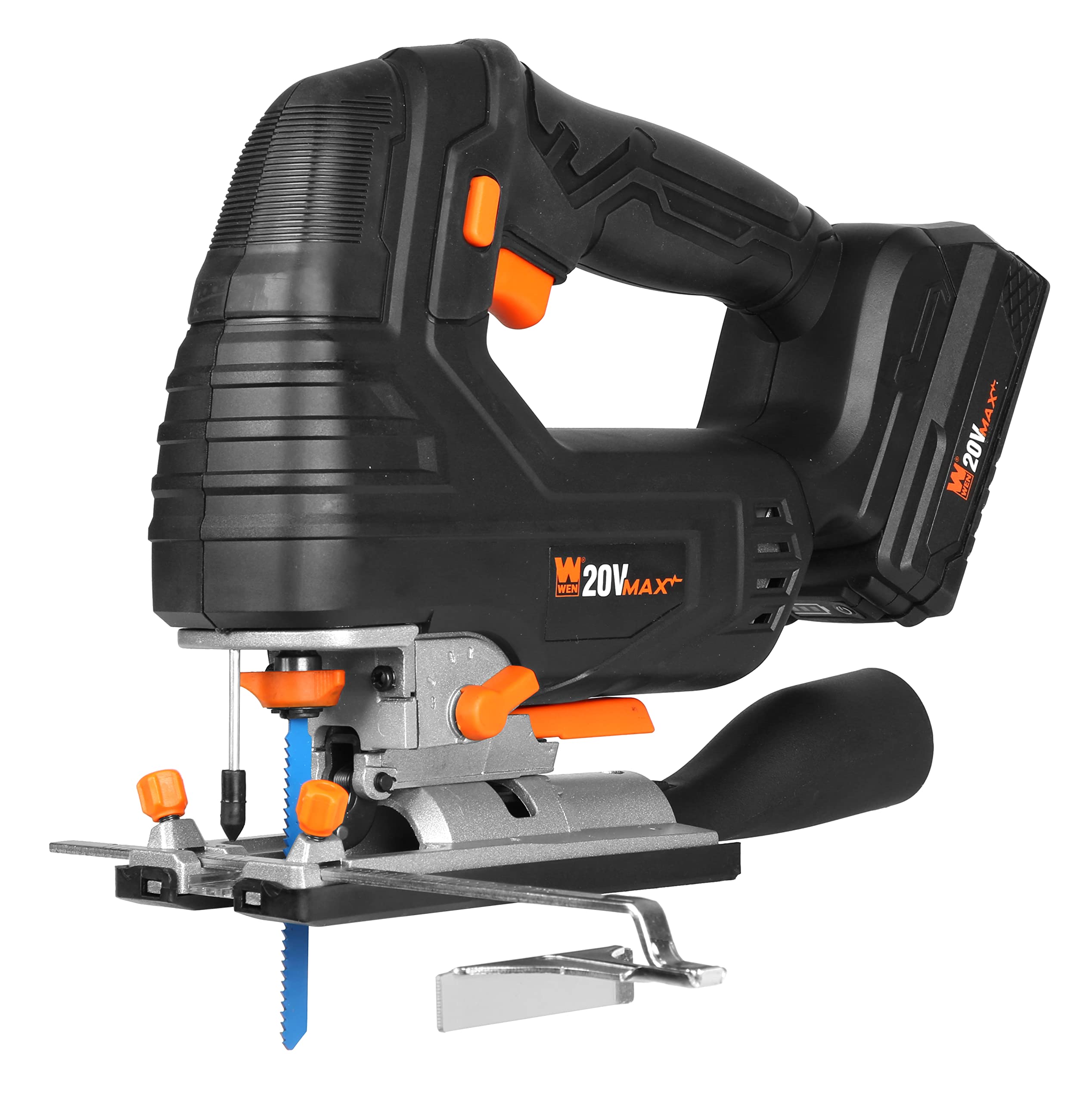 WEN Cordless Jigsaw, Brushless with Auto-Speed, 20V Max 4.0Ah Lithium Ion Battery, and Charger (20670)