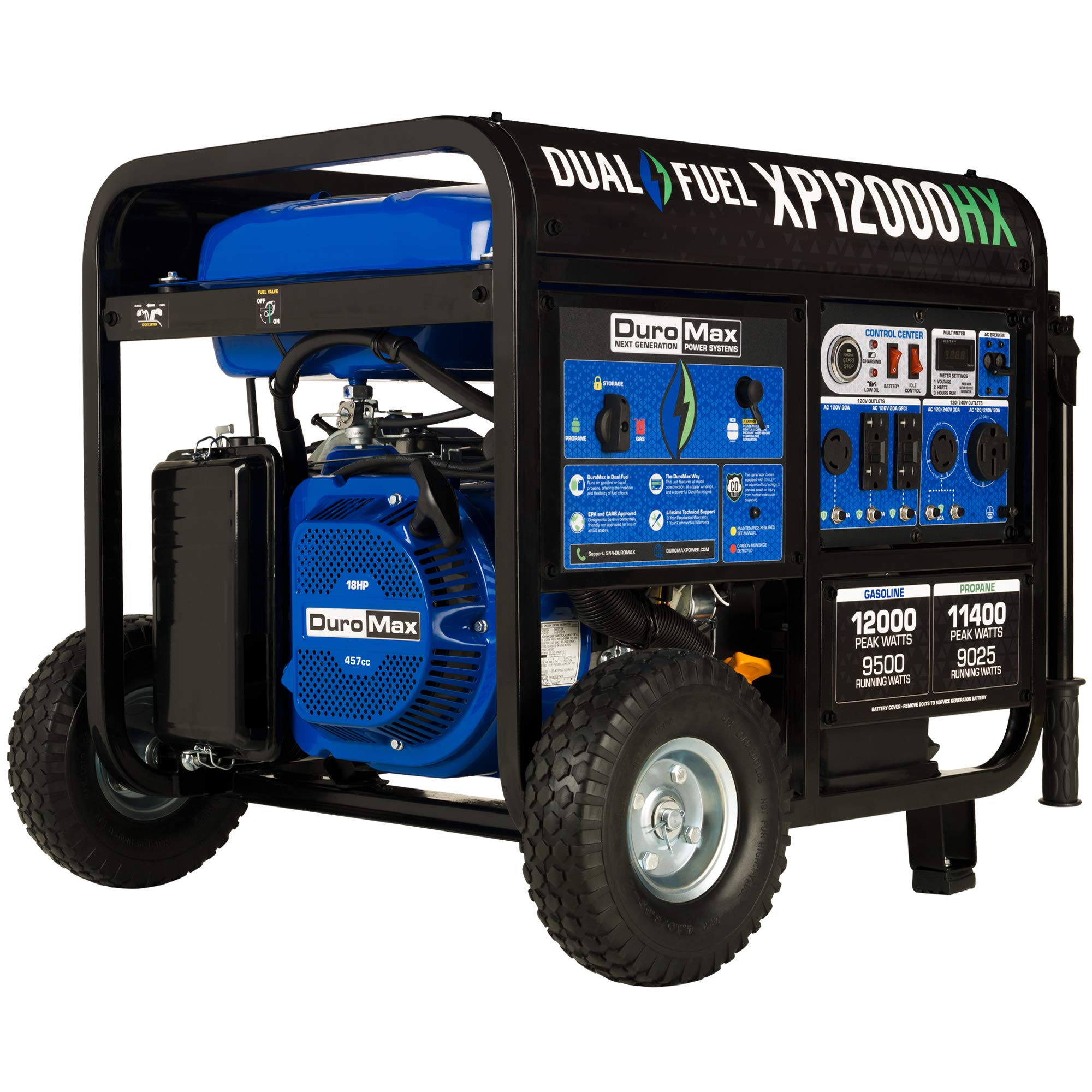 DuroMax XP13000HX 13,000-Watt Dual Fuel Portable Generator - Gas & Propane, Electric Start, Whole Home Power Backup, Transfer Switch Ready, RV & Emergency Ready