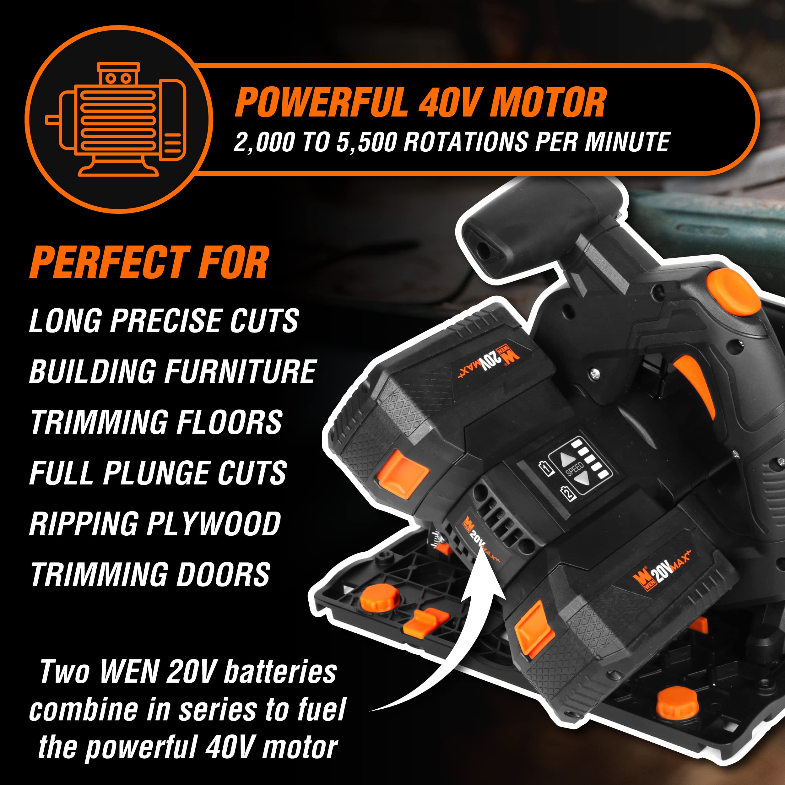 WEN Cordless 6.5-Inch Track Saw, Brushless with Variable Speed, Two 20V Max 4.0 Ah Batteries, and Charger (20691)