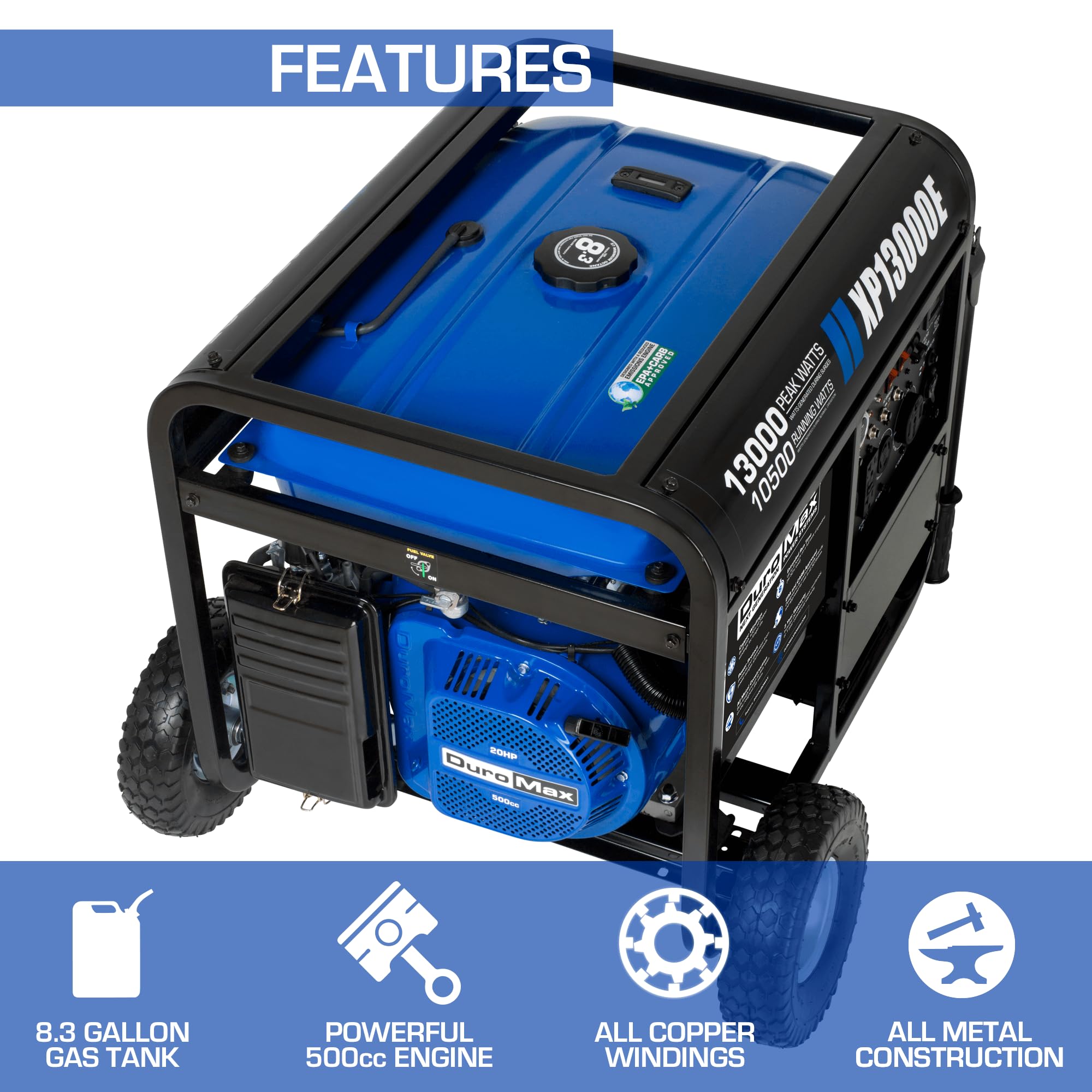DuroMax XP12000EH 12,000-Watt Dual Fuel Portable Generator – Gas & Propane, Electric Start, Whole Home Backup Power, Transfer Switch Ready, RV & Emergency Ready
