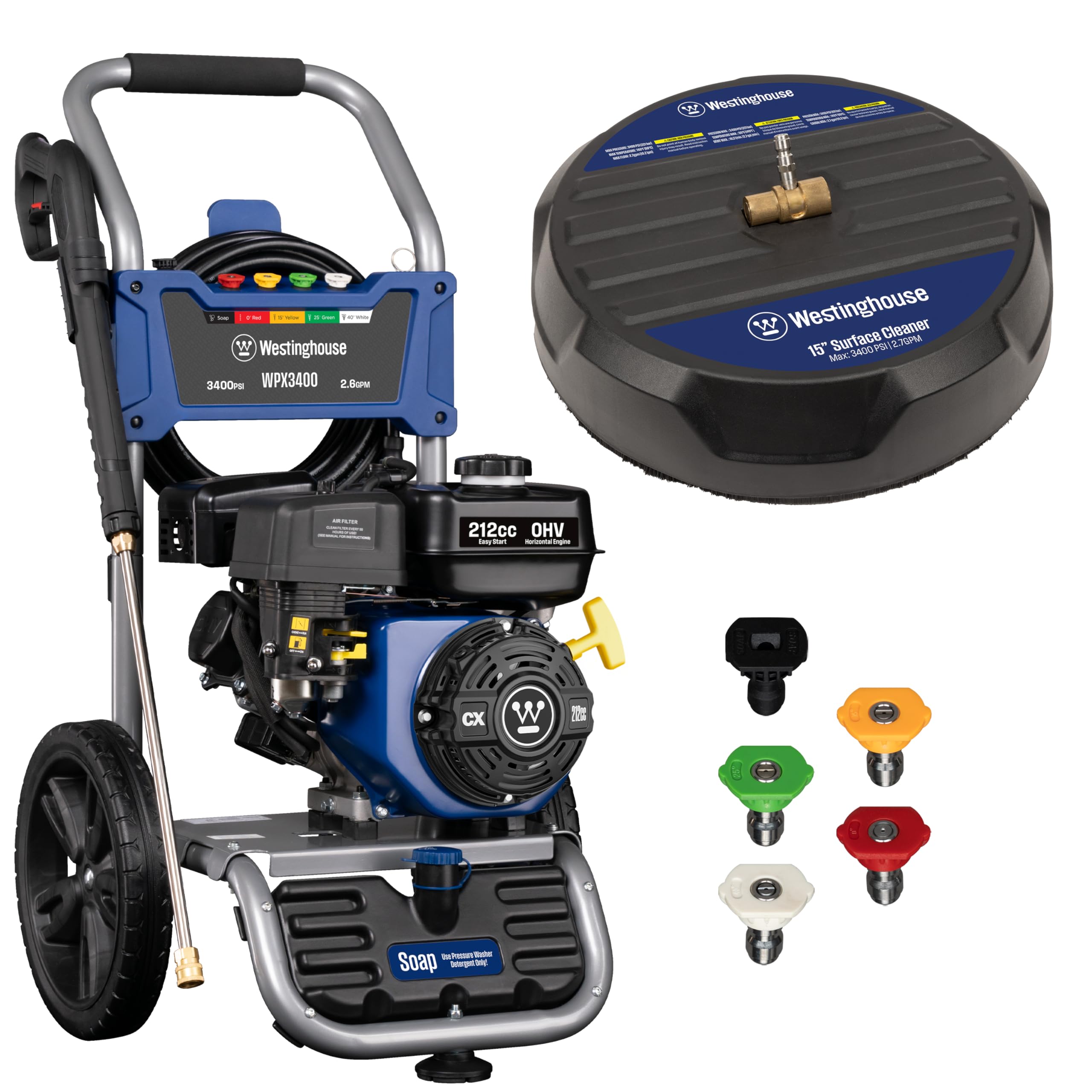 Westinghouse WPX3200 Gas Pressure Washer, 3200 PSI and 2.5 GPM, Onboard Soap Tank, Spray Gun and Wand, 5 Nozzle Set, for Cars/Fences/Driveways/Homes/Patios/Furniture