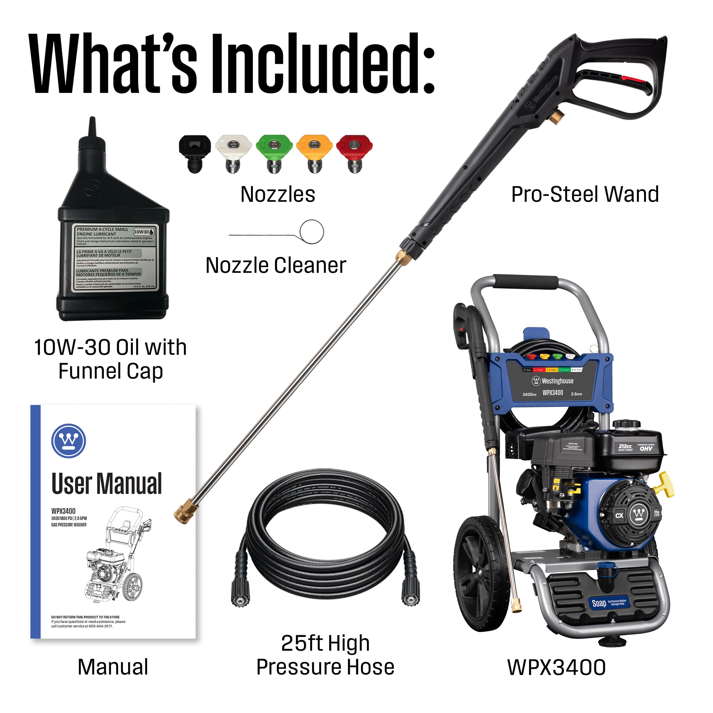 Westinghouse WPX2700 Gas Pressure Washer, 2700 PSI and 2.3 GPM, Onboard Soap Tank, Spray Gun and Wand, 5 Nozzle Set, for Cars/Fences/Driveways/Homes/Patios/Furniture