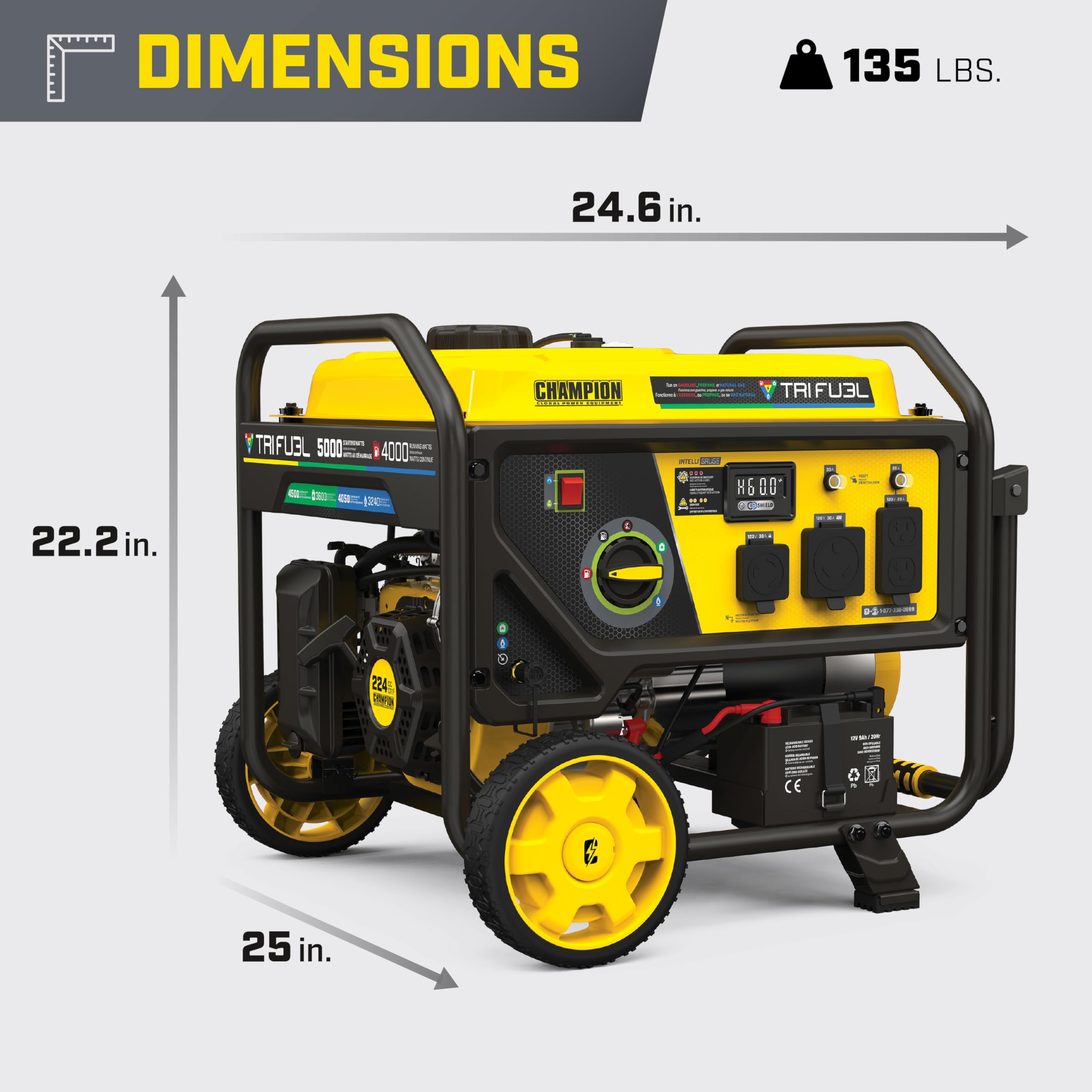 Champion Power Equipment 5000-Watt Electric Start Tri Fuel RV Ready Portable Generator with Free 3-Year Warranty