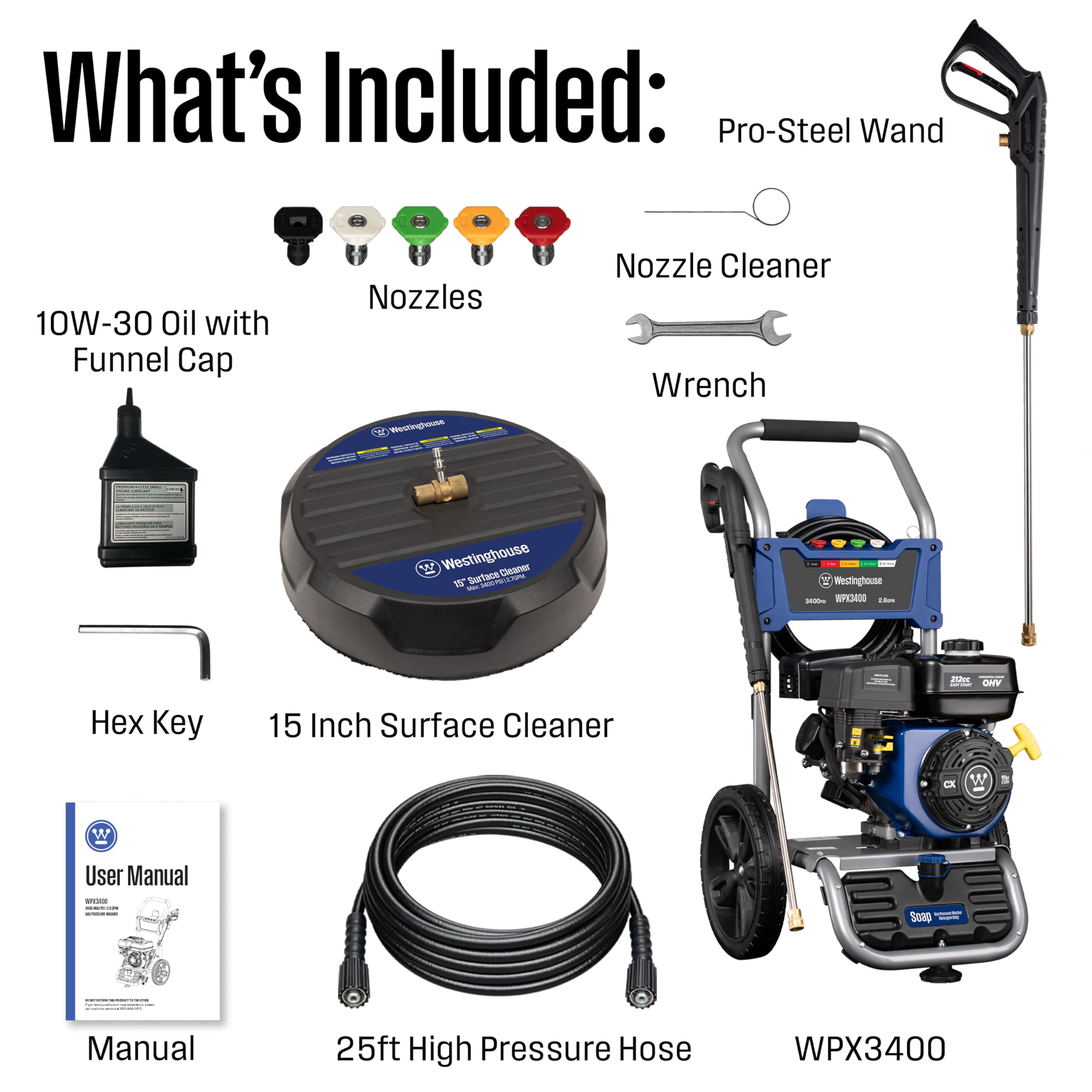 Westinghouse WPX3200 Gas Pressure Washer, 3200 PSI and 2.5 GPM, Onboard Soap Tank, Spray Gun and Wand, 5 Nozzle Set, for Cars/Fences/Driveways/Homes/Patios/Furniture