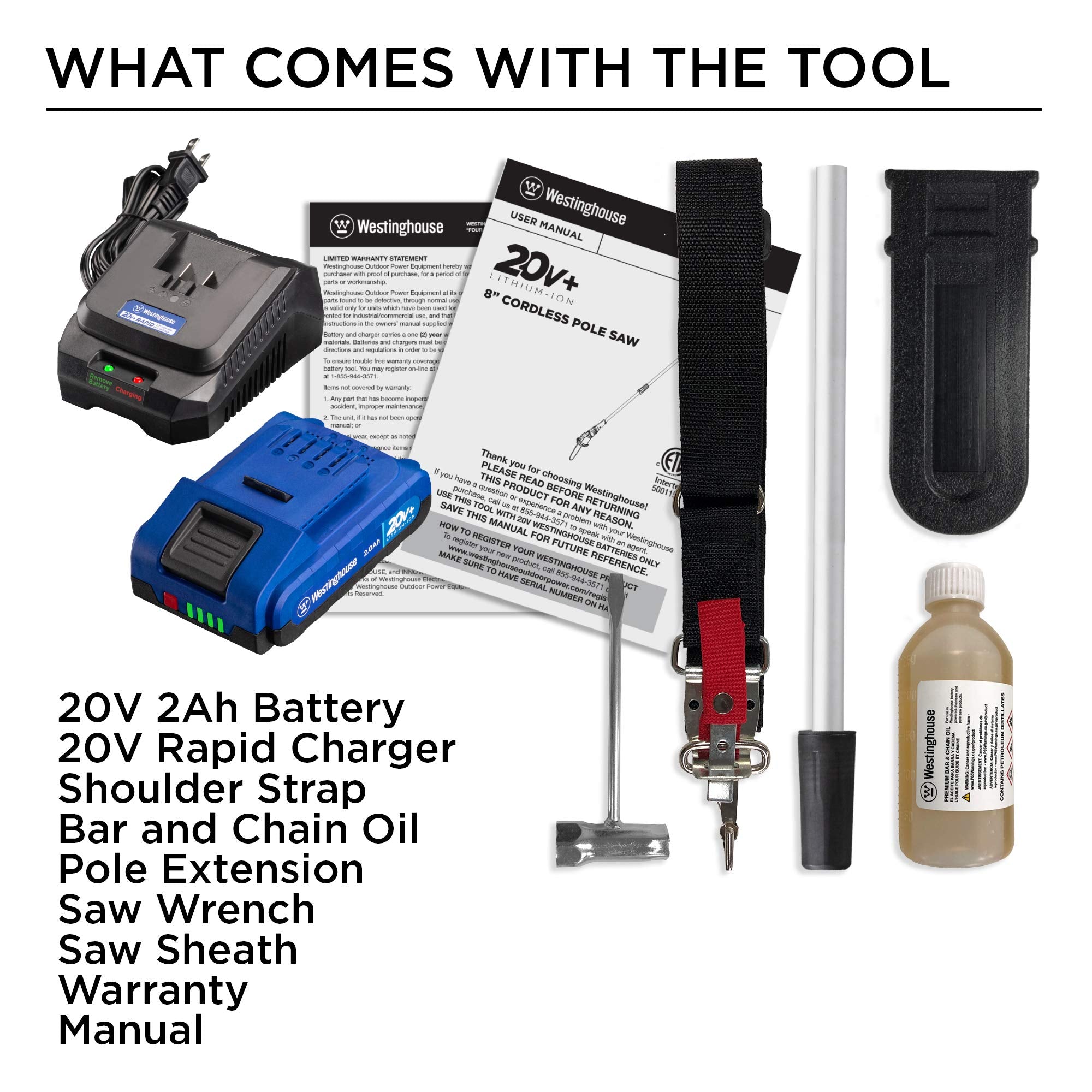 Westinghouse Cordless Pole Saw, 2.0 Ah Battery and Rapid Charger Included
