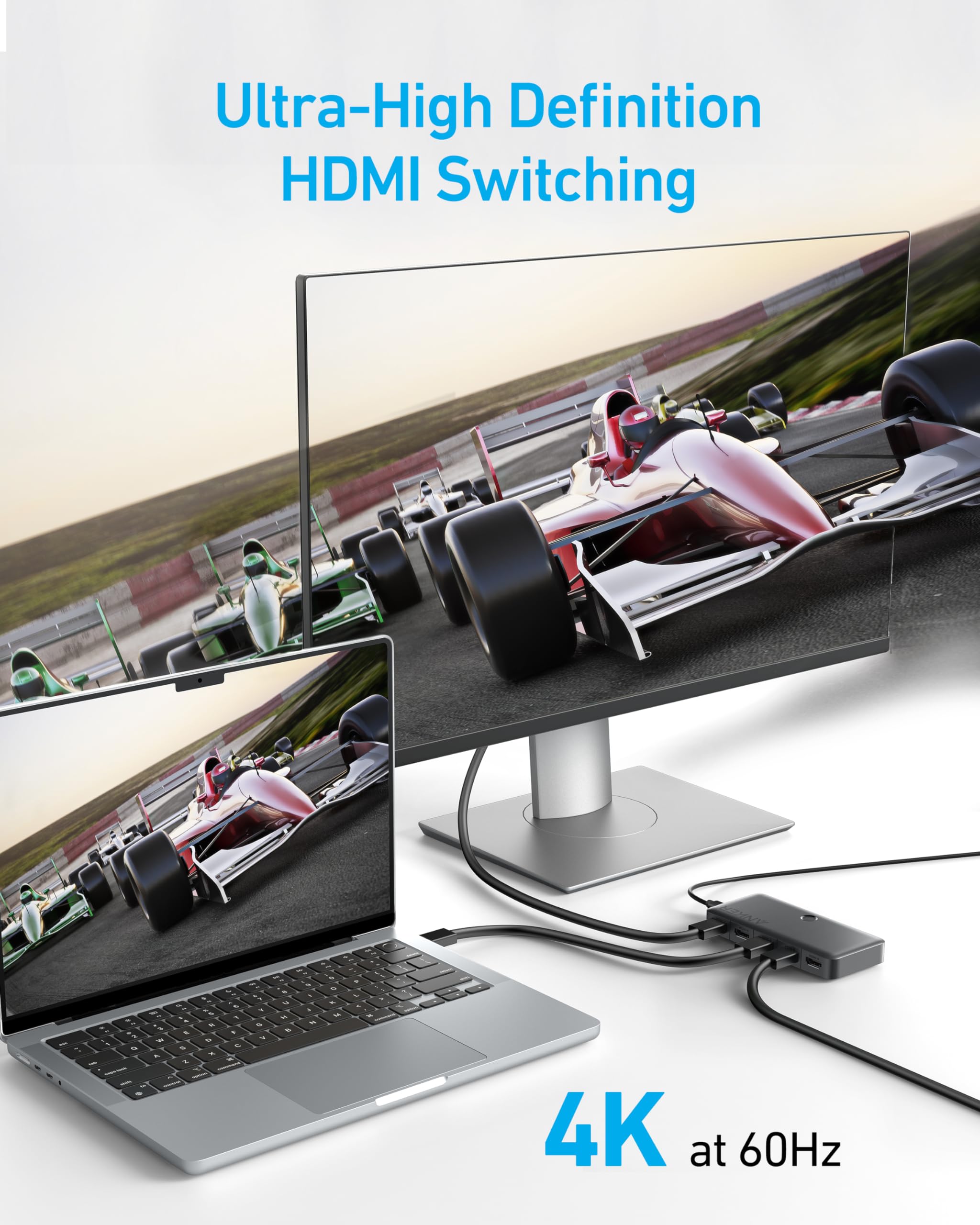 Anker HDMI Switch, 4K@60Hz HDMI Switcher, 4 in 1 Out with Smooth Finish, Supports HDR/3D/Dolby/DTS, Compatible with Laptops,PC,Xbox,PS5/PS4,Projector(Charger and Remote Control Batteries Not Included)
