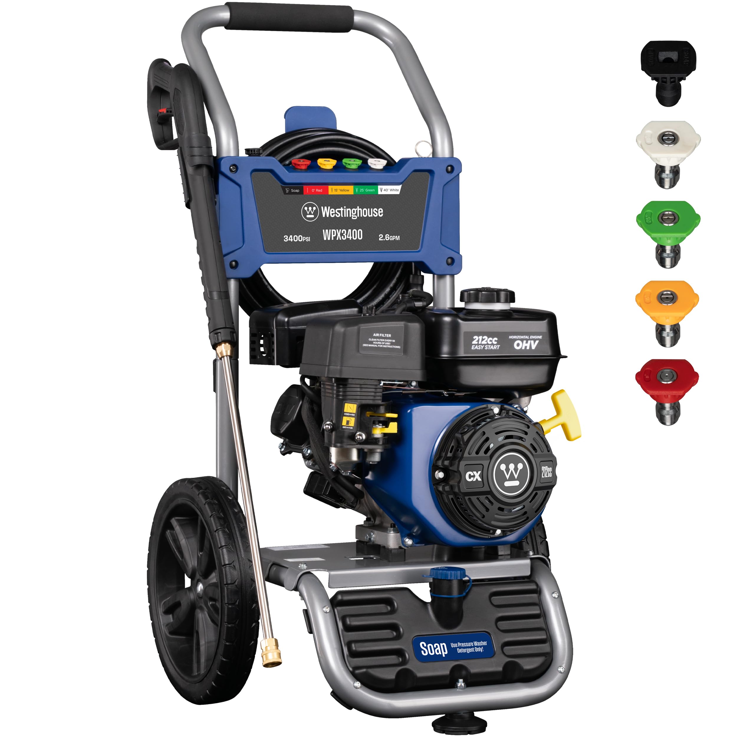 Westinghouse WPX2700 Gas Pressure Washer, 2700 PSI and 2.3 GPM, Onboard Soap Tank, Spray Gun and Wand, 5 Nozzle Set, for Cars/Fences/Driveways/Homes/Patios/Furniture