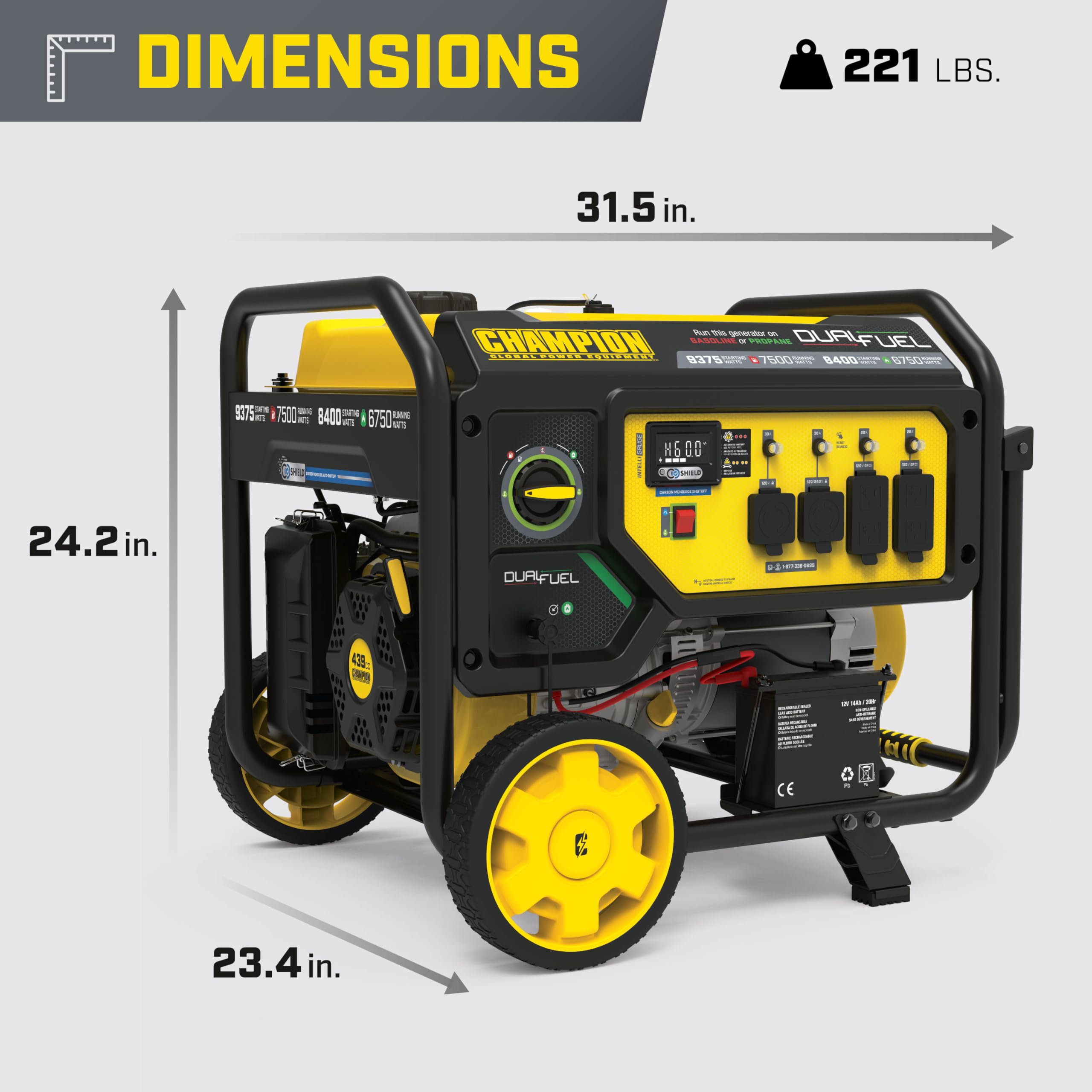 Champion Power Equipment 9375-Watt Dual Fuel Portable Generator with Electric Start and Free 3-Year Warranty