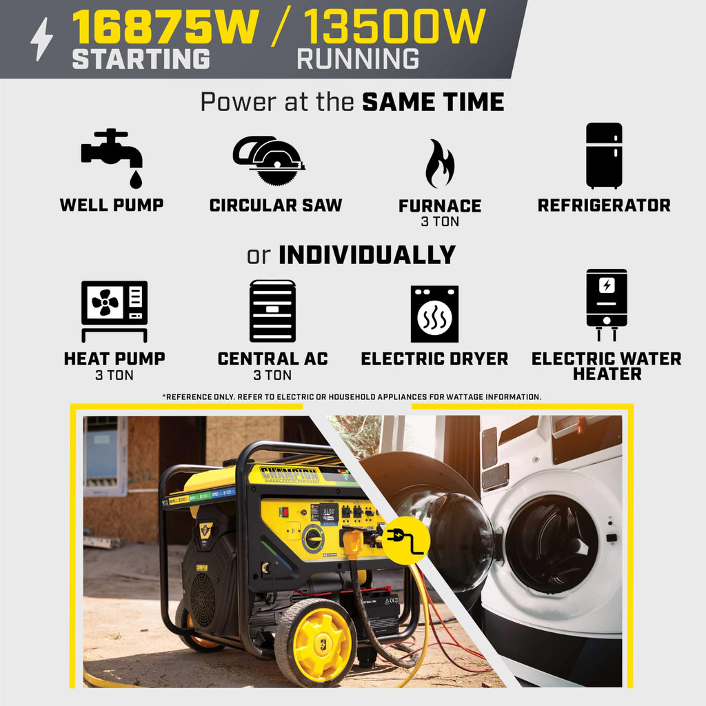 Champion Power Equipment 16,875-Watt Electric Start Tri Fuel Home Backup Portable Generator, Free 3-Year Warranty
