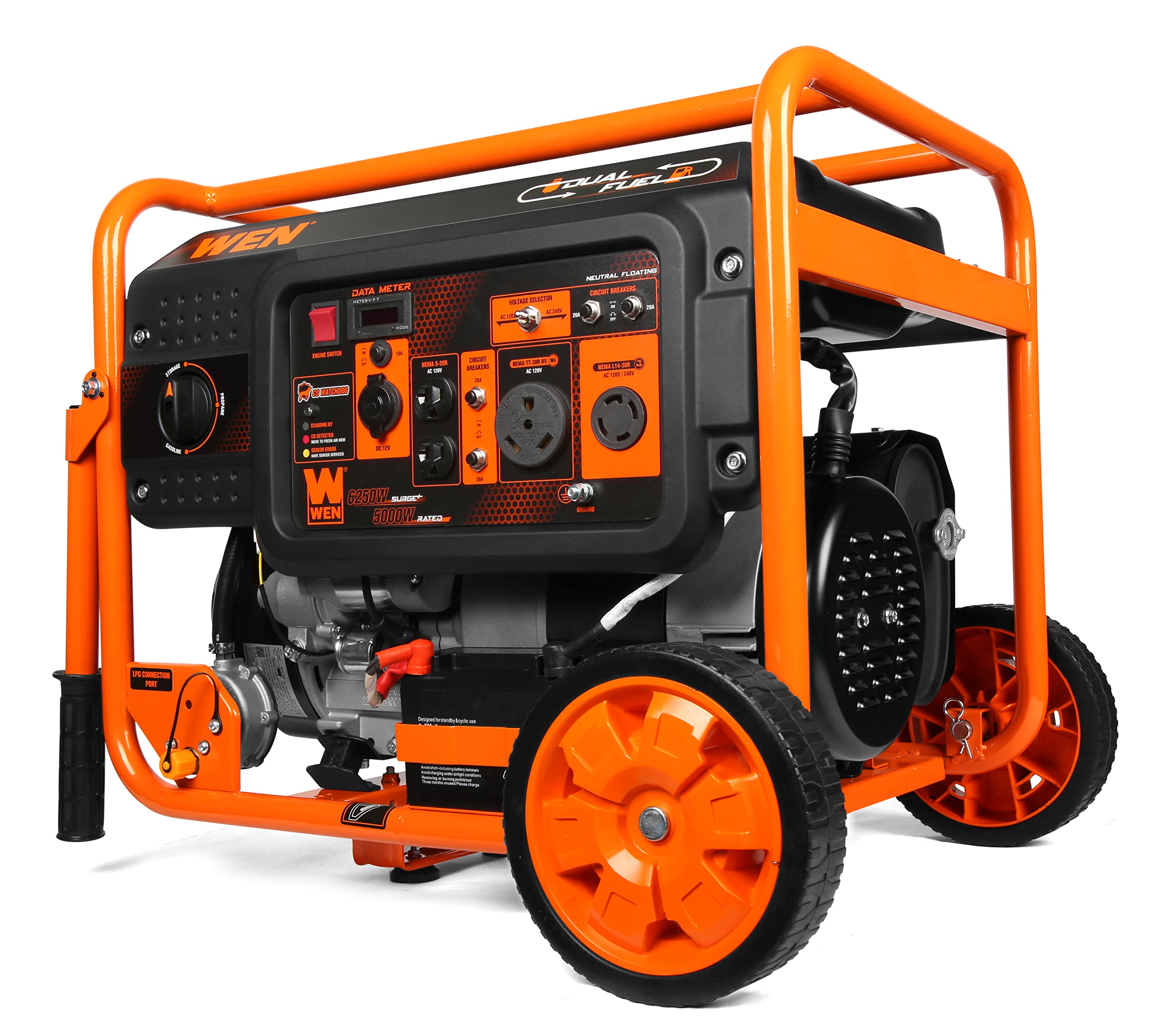 WEN DF623X 6250-Watt 120-Volt/240-Volt Dual Fuel Electric Start Portable Generator with Wheel Kit and CO Shutdown Sensor, Black