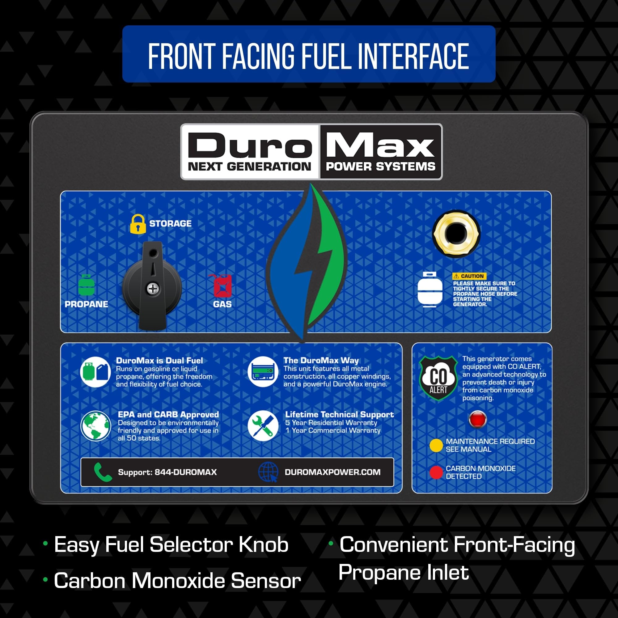 DuroMax XP13000HXT 13,000-Watt 500cc Tri Fuel Gas Propane Natural Gas Portable Generator with CO Alert, Black/Blue