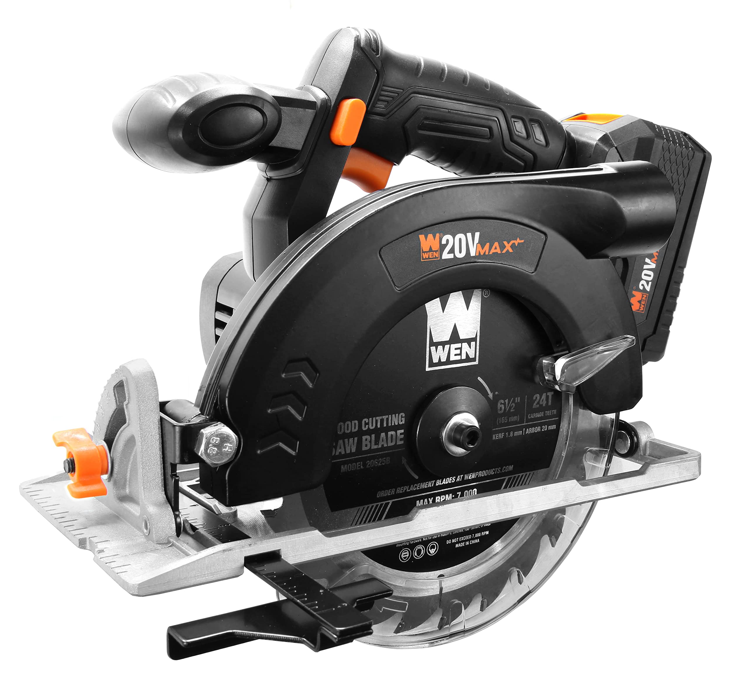 WEN Cordless Circular Saw, 6.5-Inch Blade with 20V Max 4.0 Ah Lithium-Ion Battery and Charger (20625)