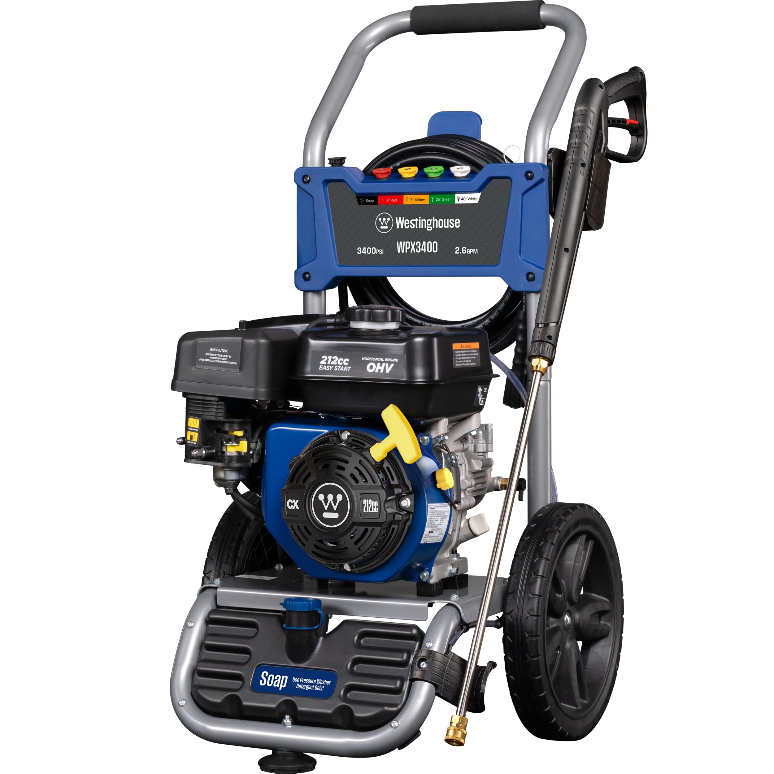 Westinghouse WPX3200 Gas Pressure Washer, 3200 PSI and 2.5 GPM, Onboard Soap Tank, Spray Gun and Wand, 5 Nozzle Set, for Cars/Fences/Driveways/Homes/Patios/Furniture