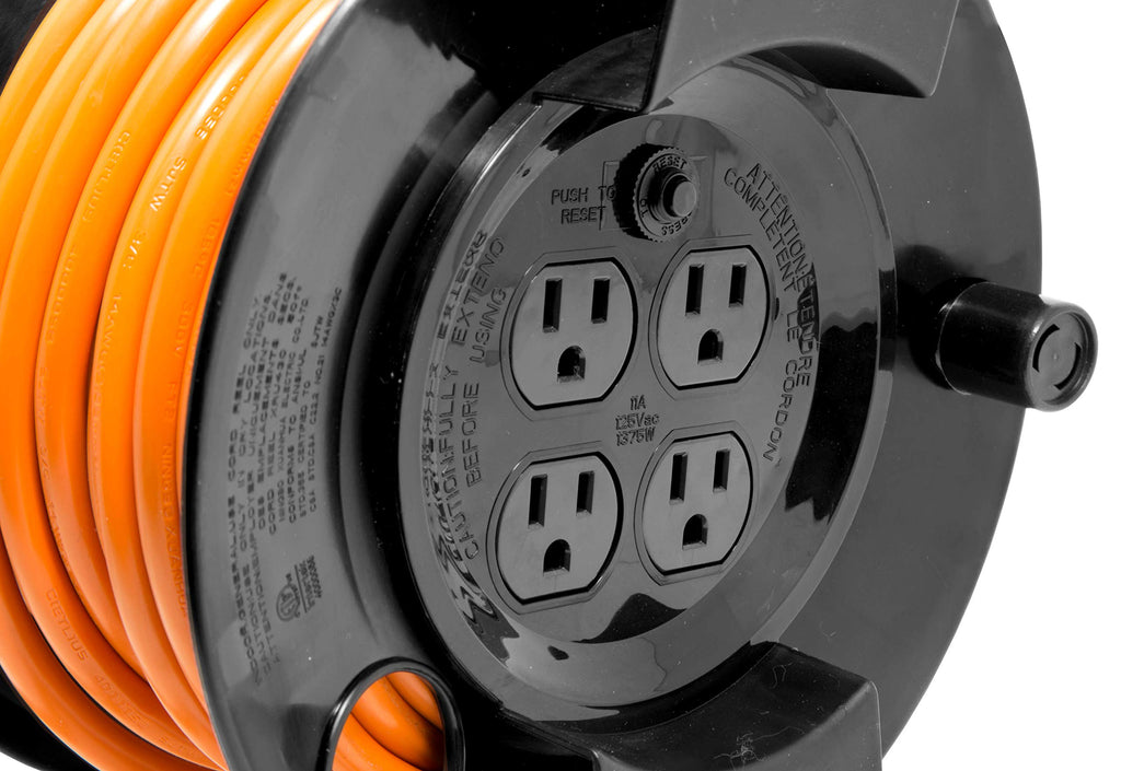 WEN PC5043R 50 ft. 14-Gauge Heavy-Duty SJTW Outdoor 14/3 Extension Cord Reel with NEMA 5-15R Light-Up Power Outlet,Black