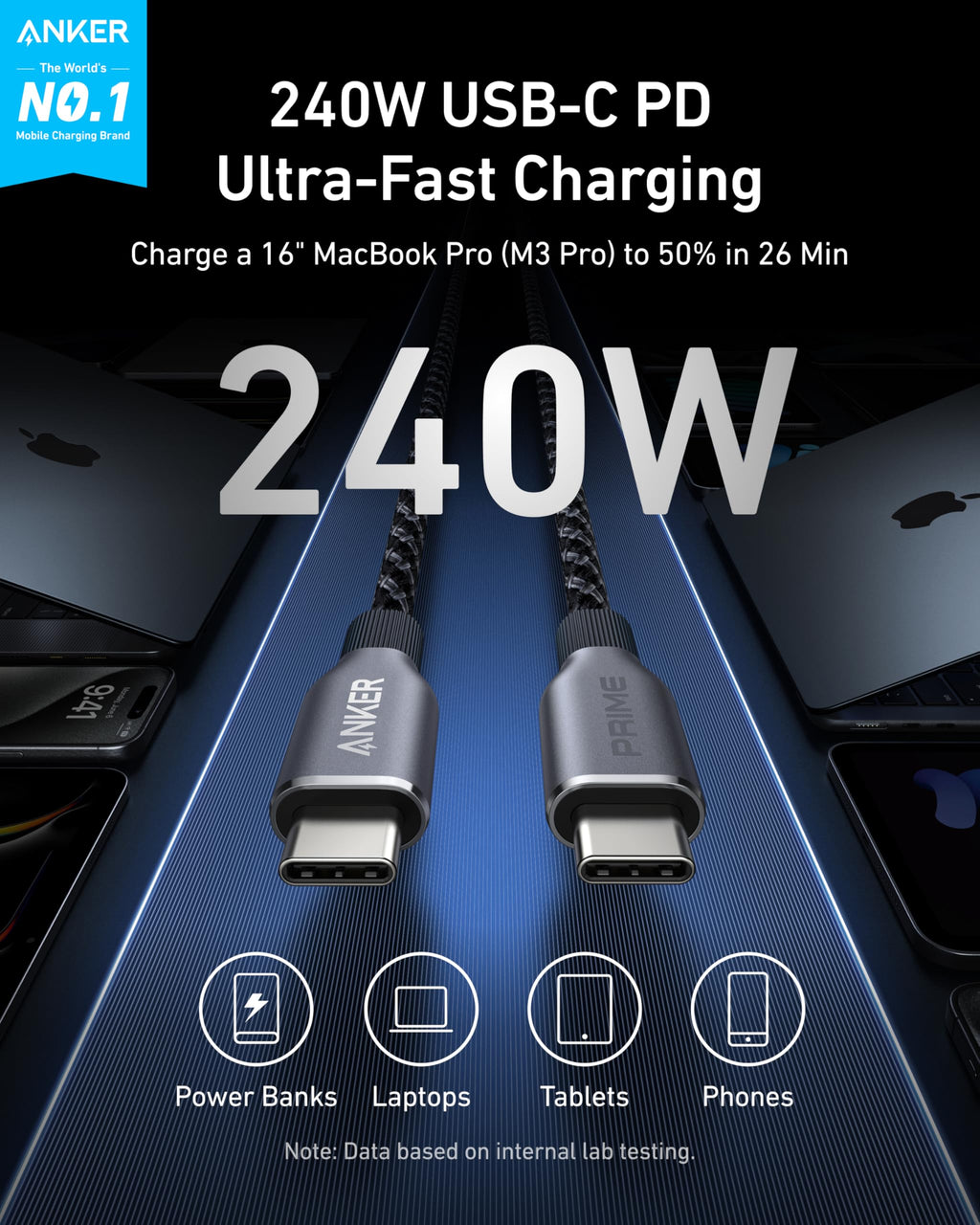 Anker Prime USB C to USB C Cable, 240W Fast Charging Cord, Upcycled-Braided Nylon with 100-Year Bend Durability for iPhone 17 Series, MacBook, Galaxy S24(6 FT)
