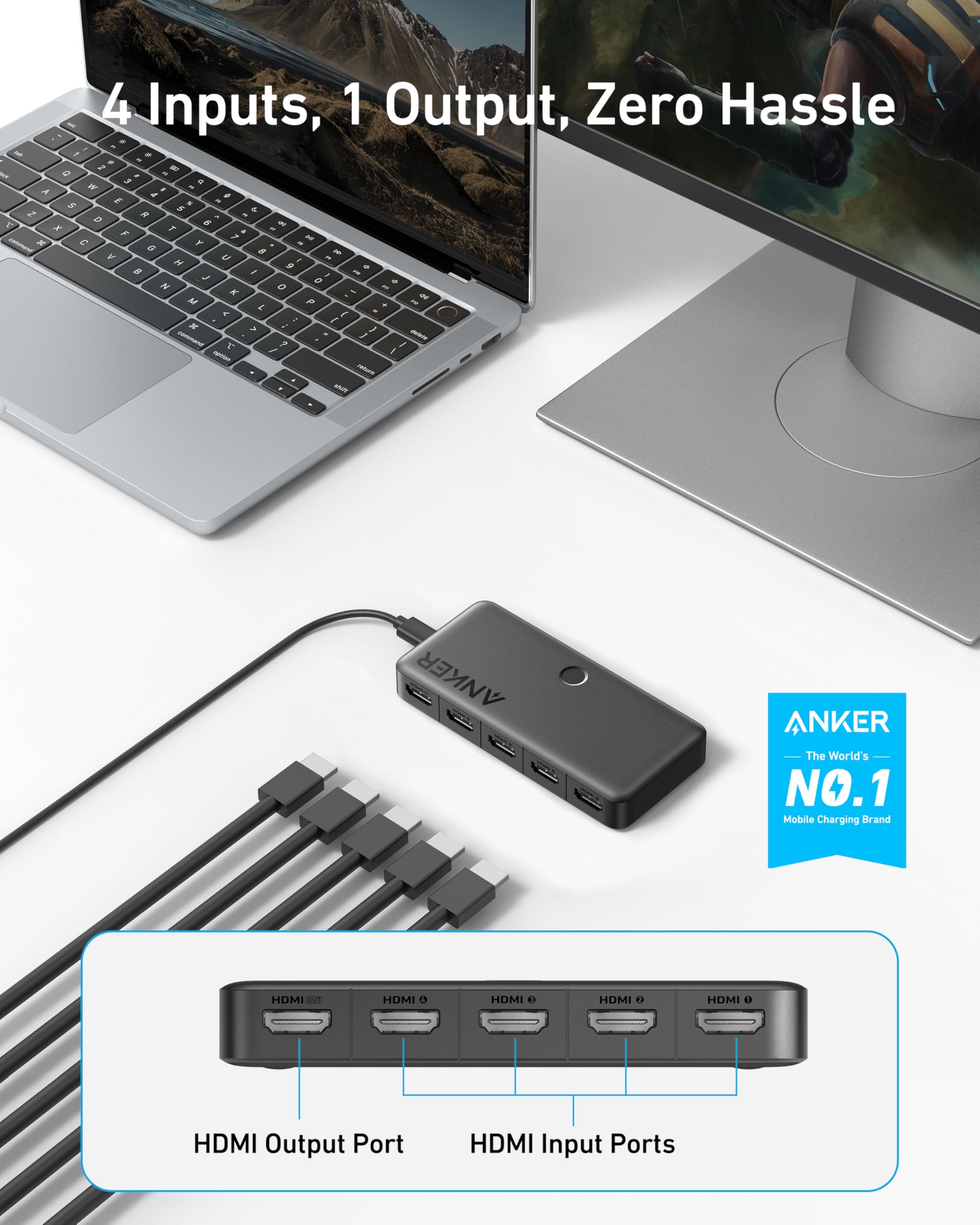 Anker HDMI Switch, 4K@60Hz HDMI Switcher, 4 in 1 Out with Smooth Finish, Supports HDR/3D/Dolby/DTS, Compatible with Laptops,PC,Xbox,PS5/PS4,Projector(Charger and Remote Control Batteries Not Included)