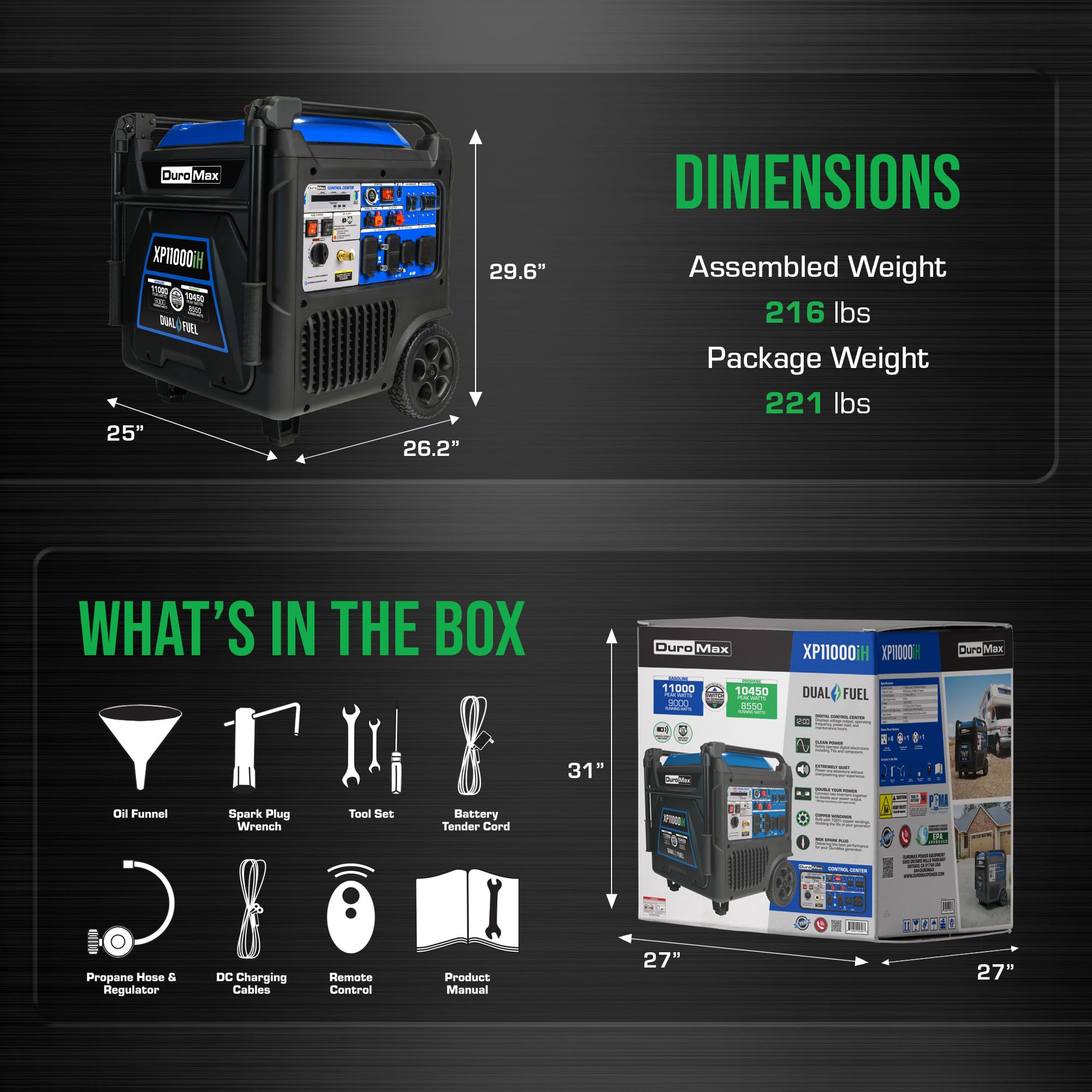 DuroMax XP16000iHT 16,000-Watt Tri Fuel Portable Digital Inverter Generator - Gas, Propane & Natural Gas, Remote Electric Start, Whole Home Power Backup, Transfer Switch Ready, RV & Emergency Ready