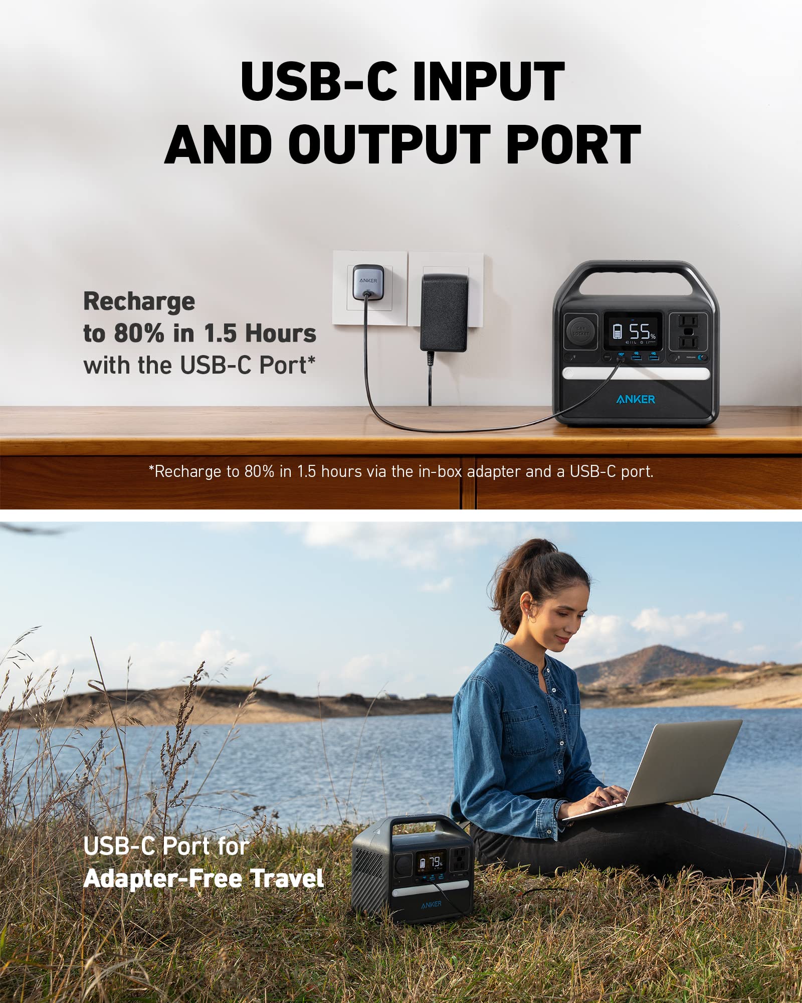Anker 521 Portable Power Station Upgraded with LiFePO4 Battery, 256Wh 6-Port PowerHouse, 300W (Peak 600W) Solar Generator with 100W Solar Panel, 2 AC Outlets, 60W USB-C PD Output, Outdoor Generator