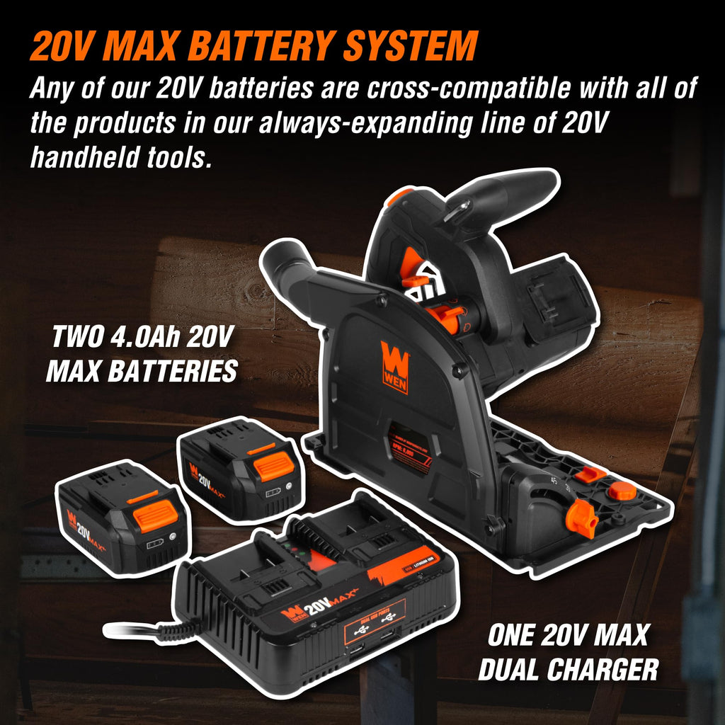 WEN Cordless 6.5-Inch Track Saw, Brushless with Variable Speed, Two 20V Max 4.0 Ah Batteries, and Charger (20691)