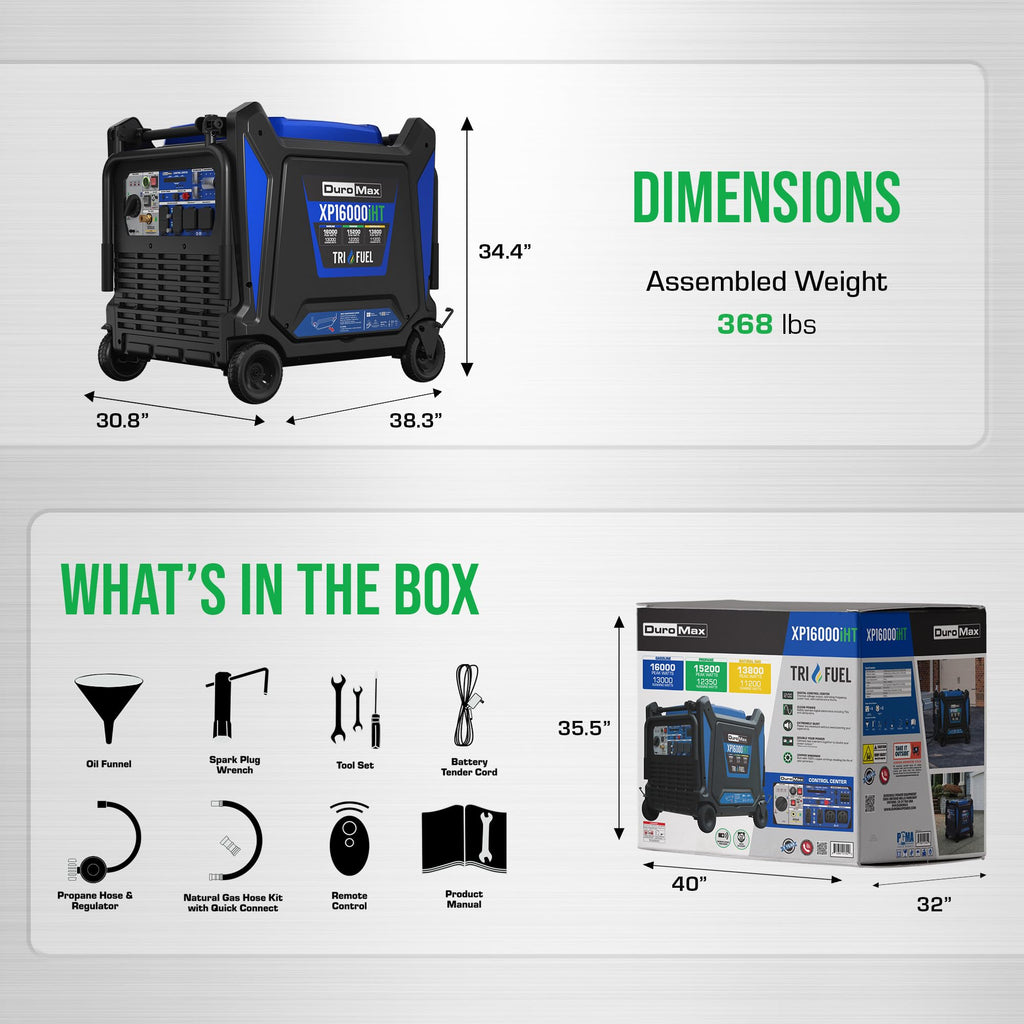DuroMax XP16000iH 16,000-Watt Dual Fuel Portable Digital Inverter Generator - Gas & Propane, Remote Electric Start, Whole Home Power Backup, Transfer Switch Ready, RV & Emergency Ready