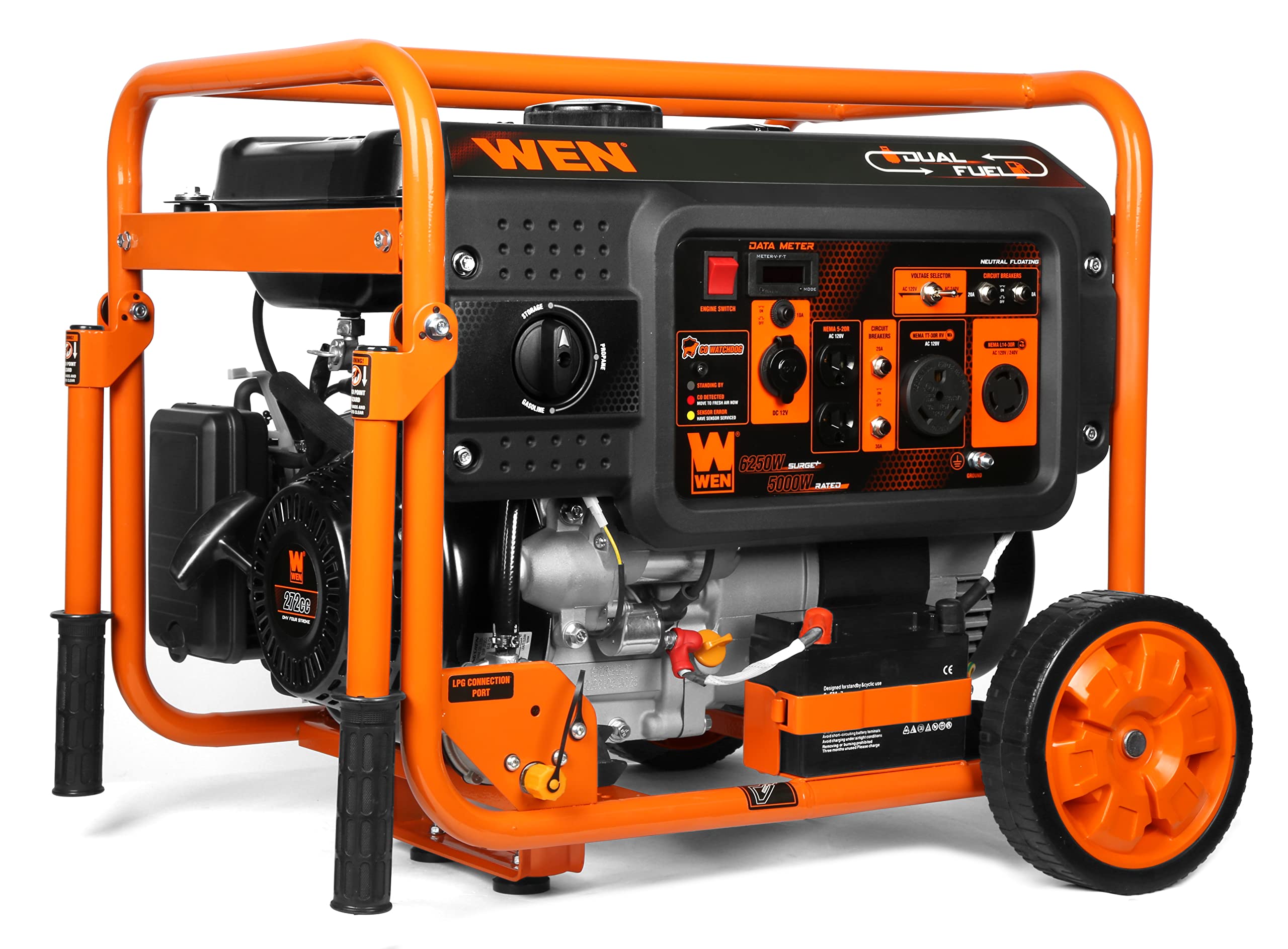 WEN DF623X 6250-Watt 120-Volt/240-Volt Dual Fuel Electric Start Portable Generator with Wheel Kit and CO Shutdown Sensor, Black