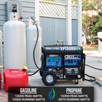 DuroMax XP13000HXT 13,000-Watt 500cc Tri Fuel Gas Propane Natural Gas Portable Generator with CO Alert, Black/Blue